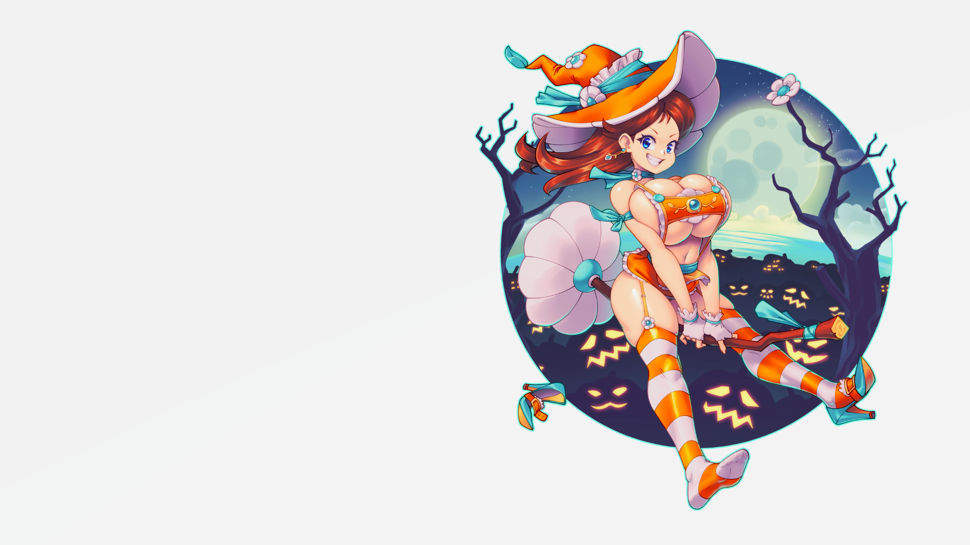 Anime 1920x1080 Princess Daisy huge breasts big boobs Super Mario white background smiling looking at viewer hat long hair pumpkin dead trees stockings striped stockings earring heels simple background minimalism witch hat witch stars