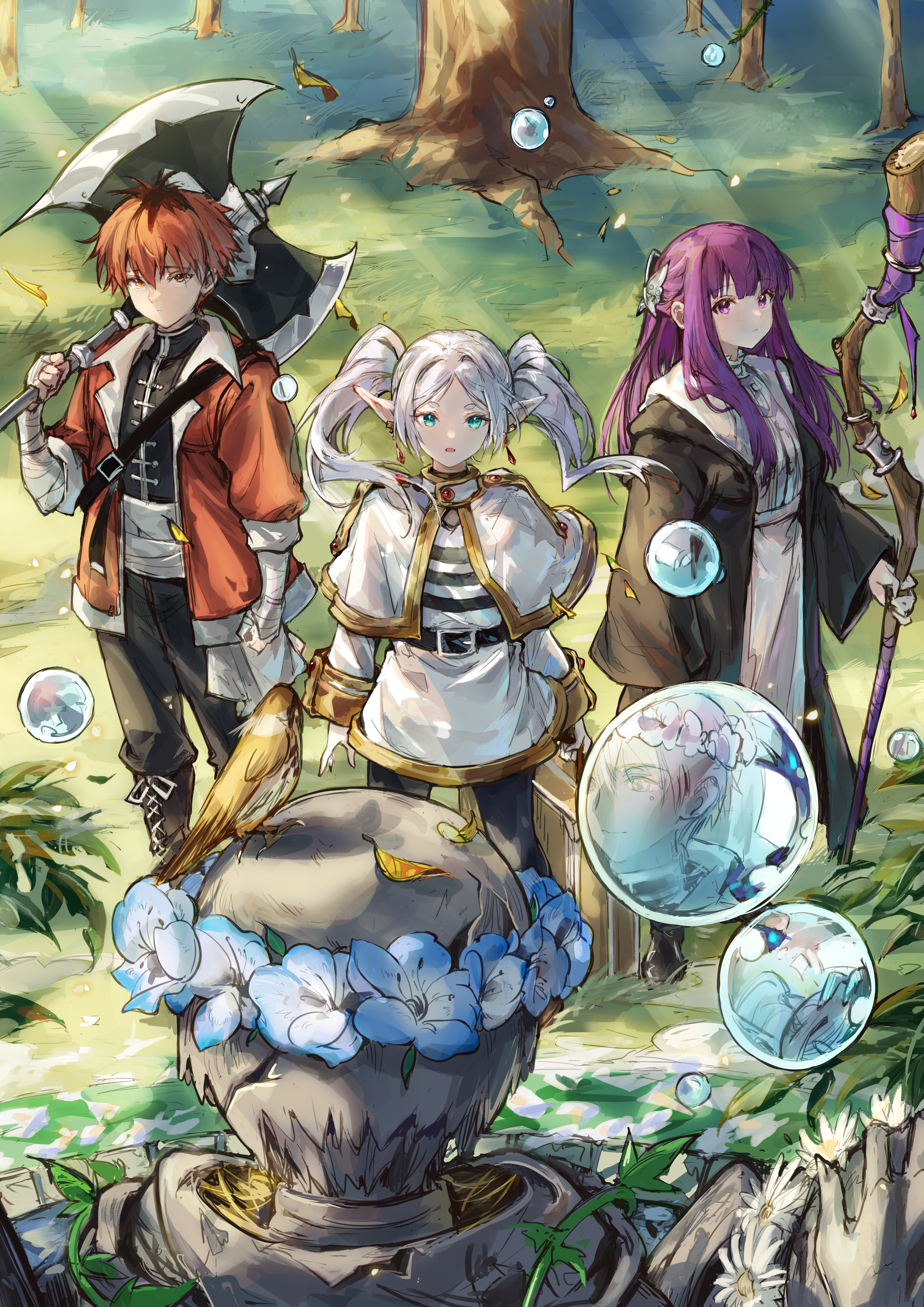 Anime 2480x3508 Sousou No Frieren elves portrait display anime girls anime boys pointy ears Frieren Himmel (Sousou no Frieren) Fern (Sousou No Frieren) Stark (Sousou no Frieren) looking at viewer nature outdoors standing blue flowers flower crown weapon striped shirt staff axes bubbles birds grass trees statue leaves vines a yue nests gems