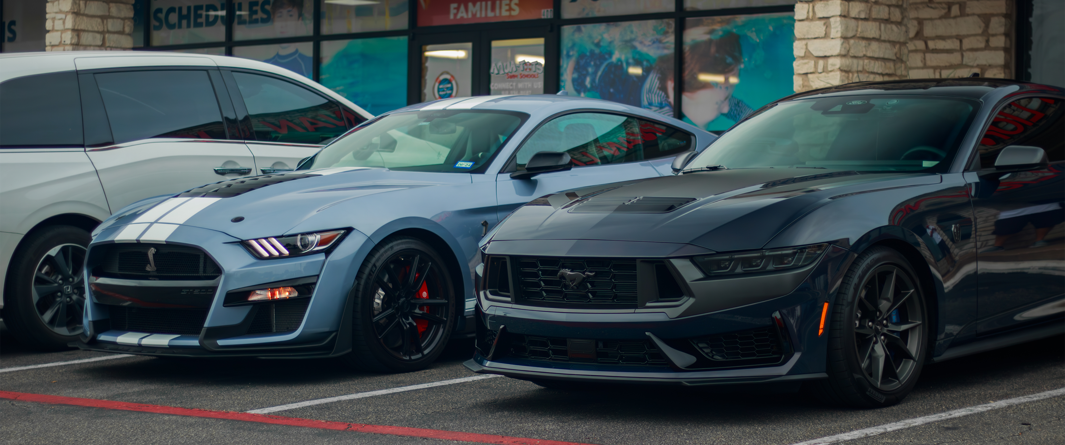 General 3440x1440 car Ford Mustang Ford Mustang Shelby mustang Dark Horse parking parking lot frontal view vehicle building