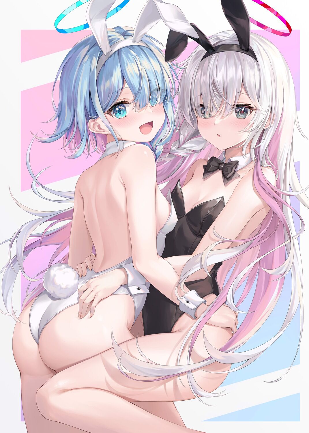 Anime 1071x1500 bunny girl bunny suit Arona (Blue Archive) ass Plana (Blue Archive) back bunny tail portrait display looking at viewer bareback arched back small boobs sideboob two tone hair long hair short hair hands on hips blushing open mouth anime girls Blue Archive braids bow tie