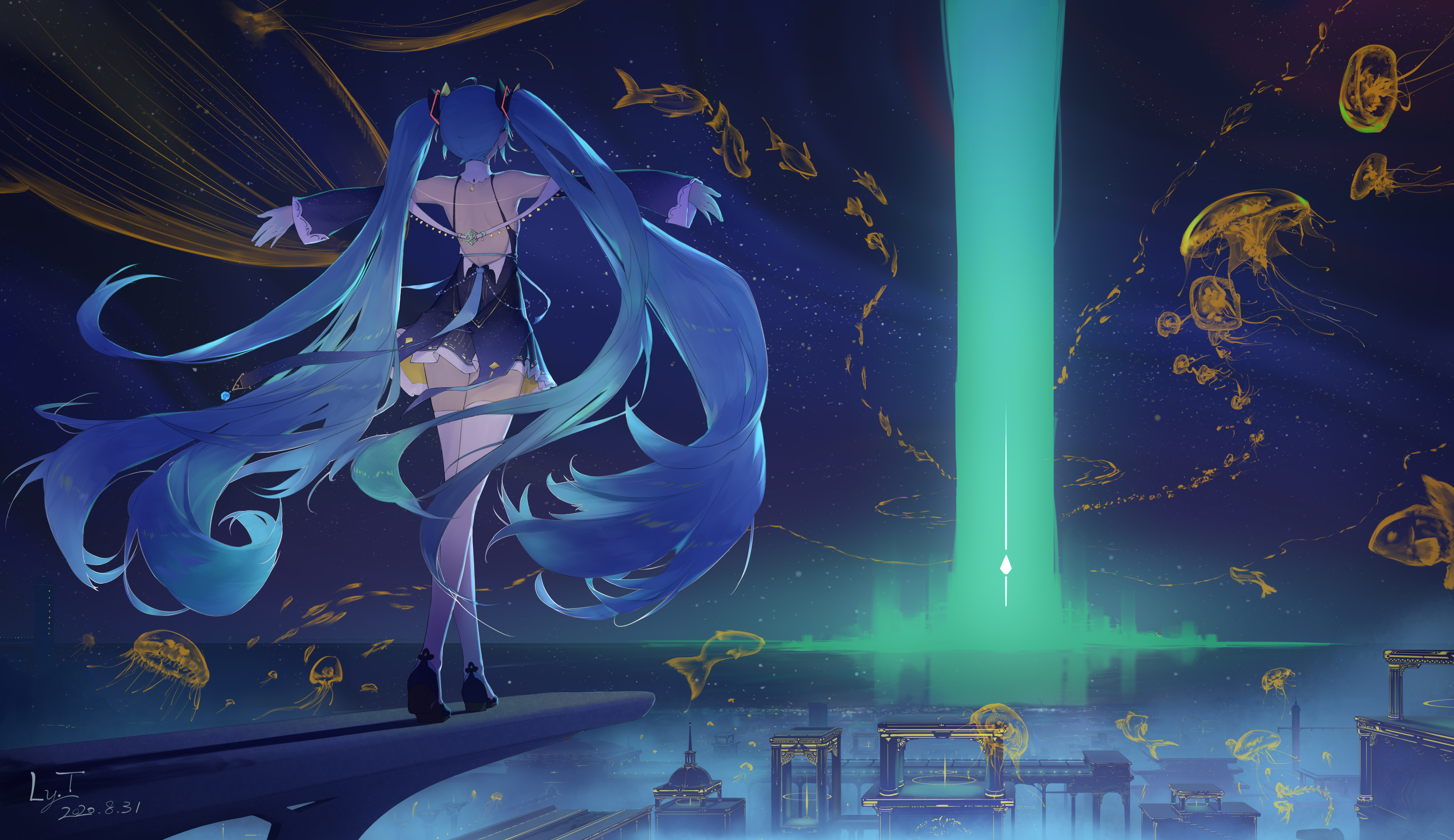 Anime 4674x2700 anime anime girls Pixiv Ly.T sky Hatsune Miku Vocaloid long hair twintails blue hair walking jellyfish signature animals fish dress white stockings stockings frills flying whales whale open arms