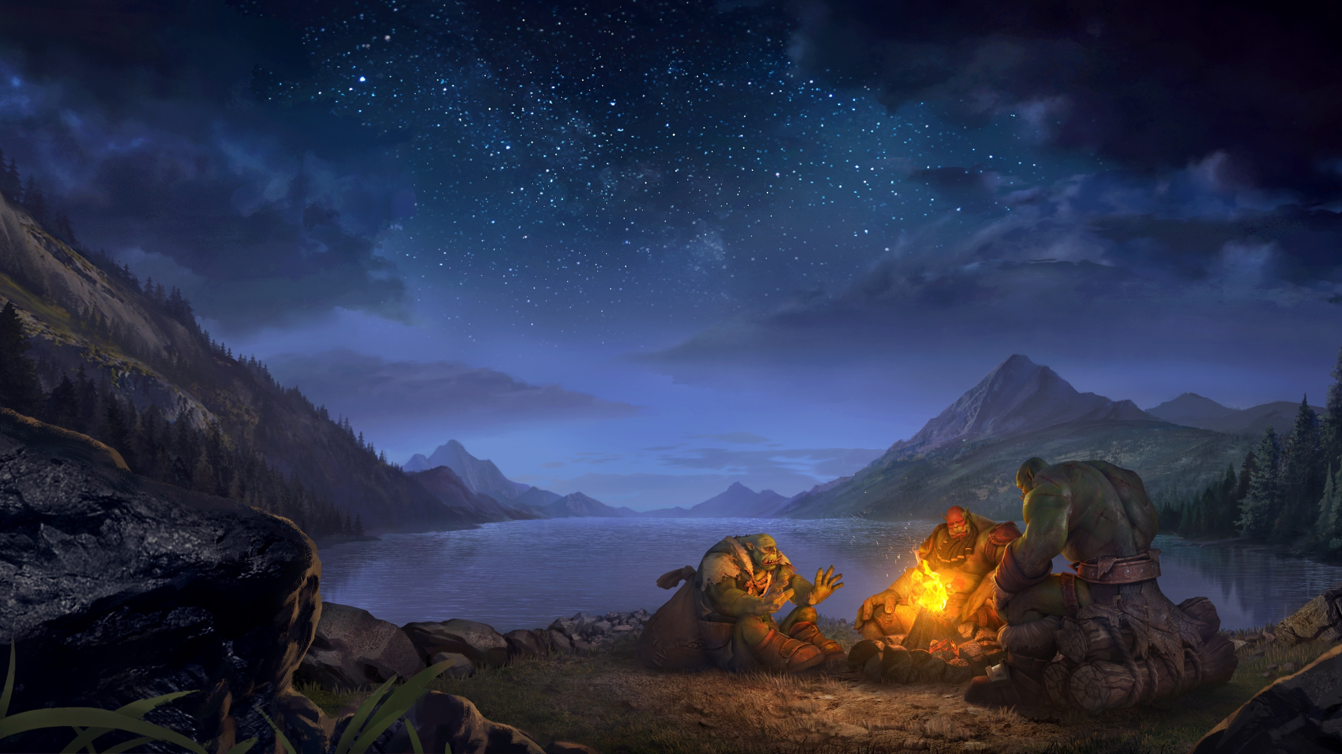 General 1920x1080 Warcraft orcs night video games campfire video game characters sky video game art water stars leaves fire creature sitting mountains trees