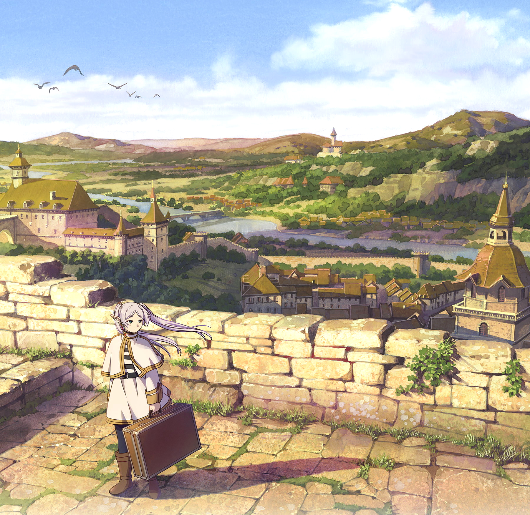Anime 1800x1750 Sousou No Frieren anime Frieren anime girls standing hair blowing in the wind wind sky luggage animals clouds sunlight looking sideways water bricks birds pointy ears earring building leaves landscape