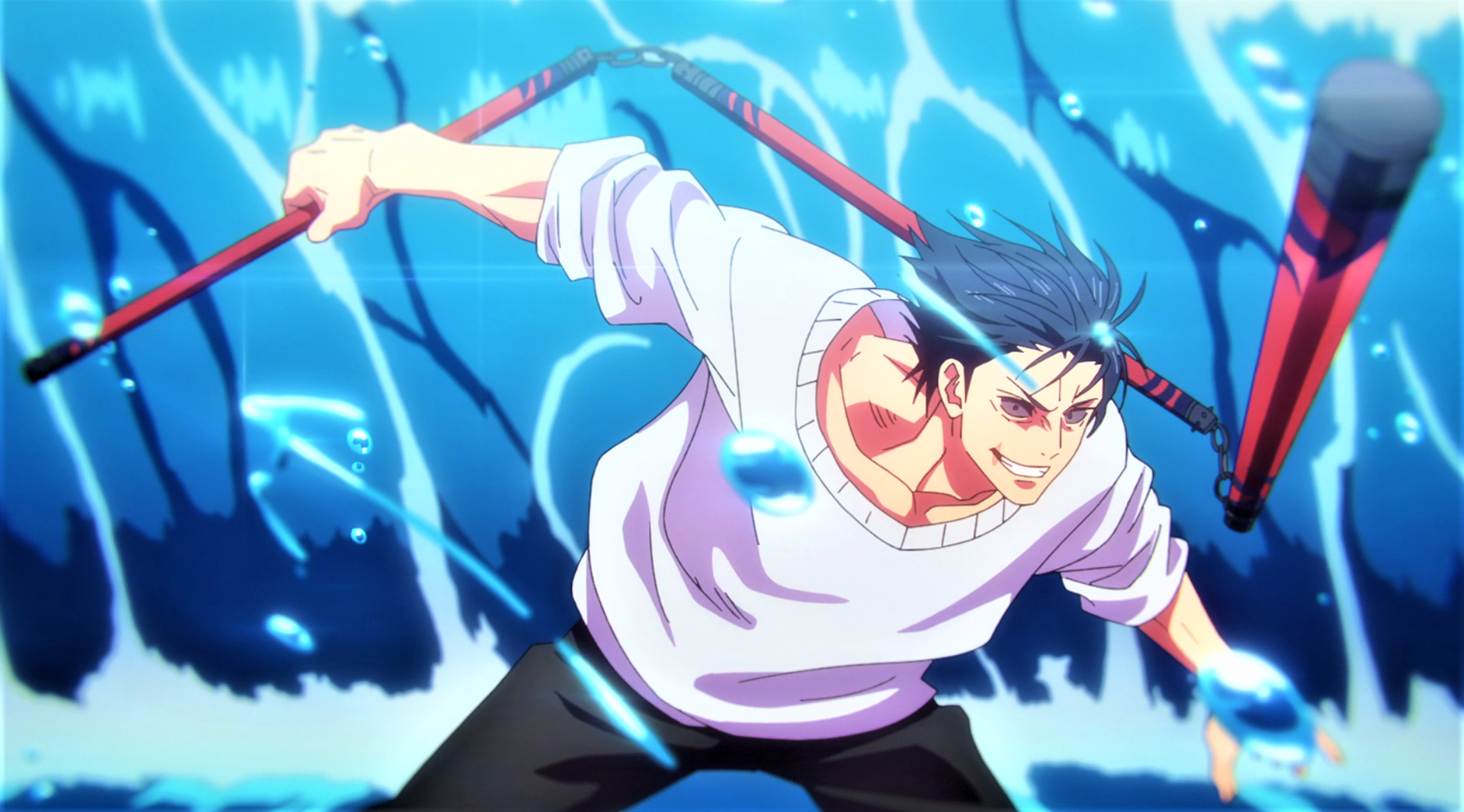 Anime 1920x1065 Jujutsu (martial art) Fushiguro Toji water Nunchucks sweater hair blowing in the wind anime Anime screenshot anime boys muscles black eyes water drops