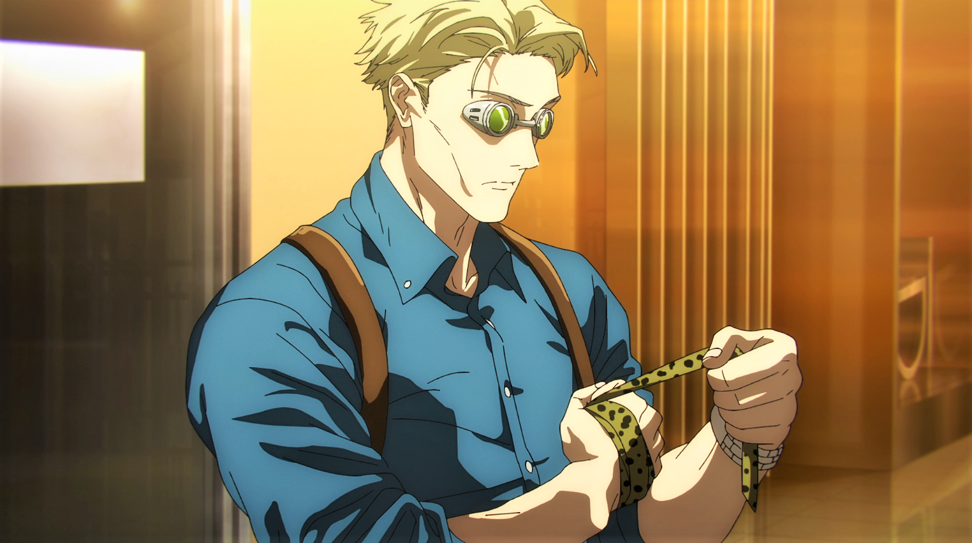 Anime 1920x1074 Kento Nanami tie goggles glasses blonde muscles anime anime screenshot anime boys suspenders Jujutsu Kaisen frown fist