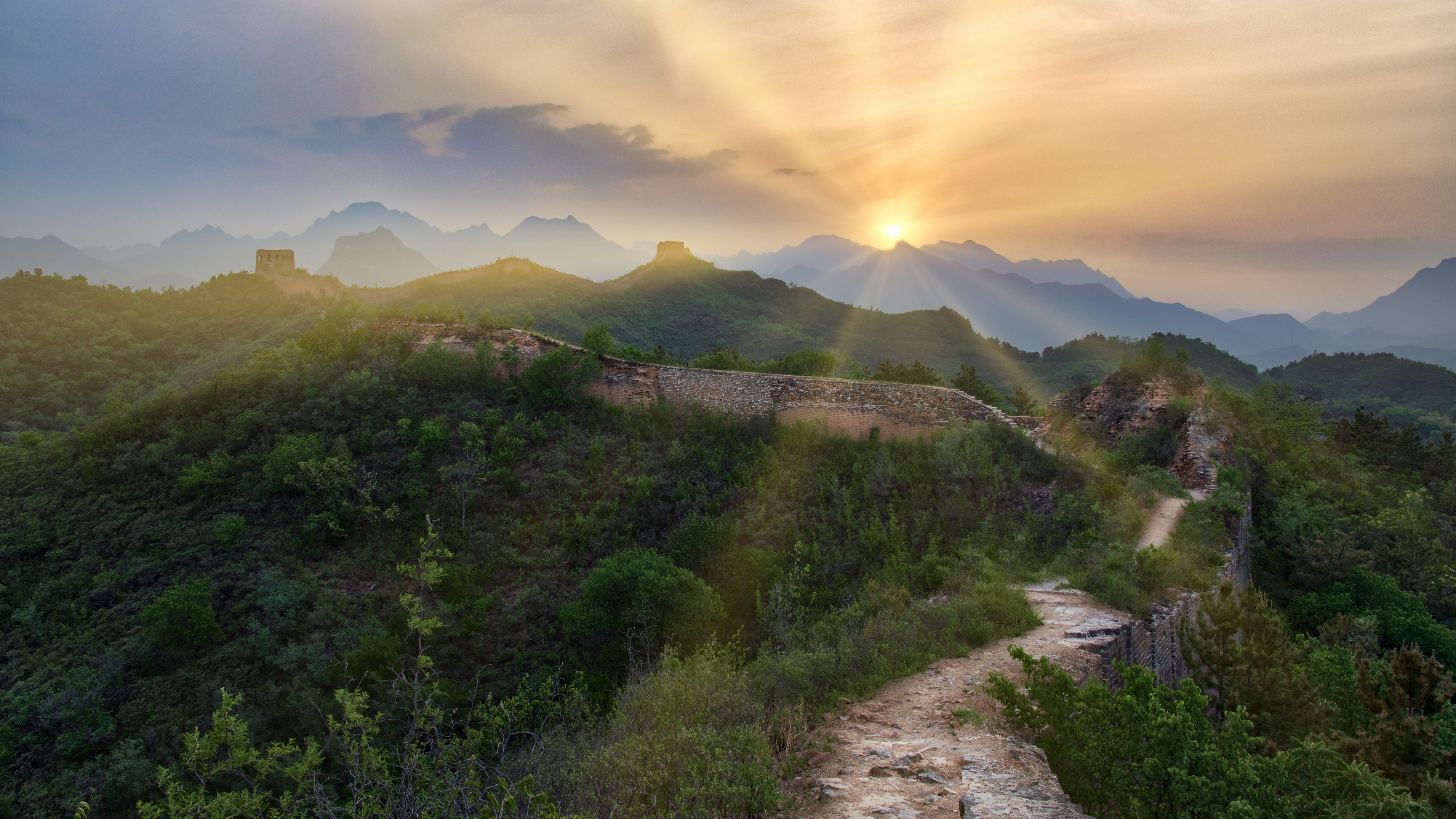 General 3840x2160 landscape 4K mountains hills forest Sun Great Wall of China nature sun rays