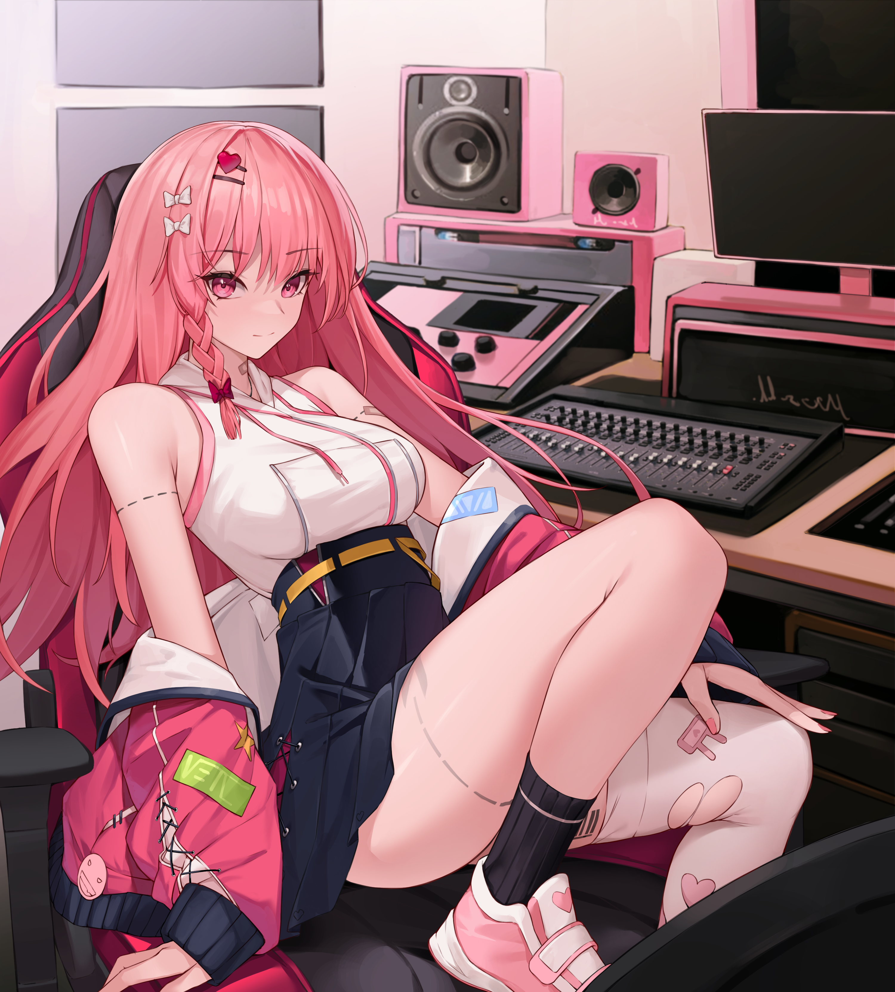 Anime 3000x3325 anime anime girls digital art artwork 2D Pixiv petite looking at viewer pink hair pink eyes musical instrument stockings