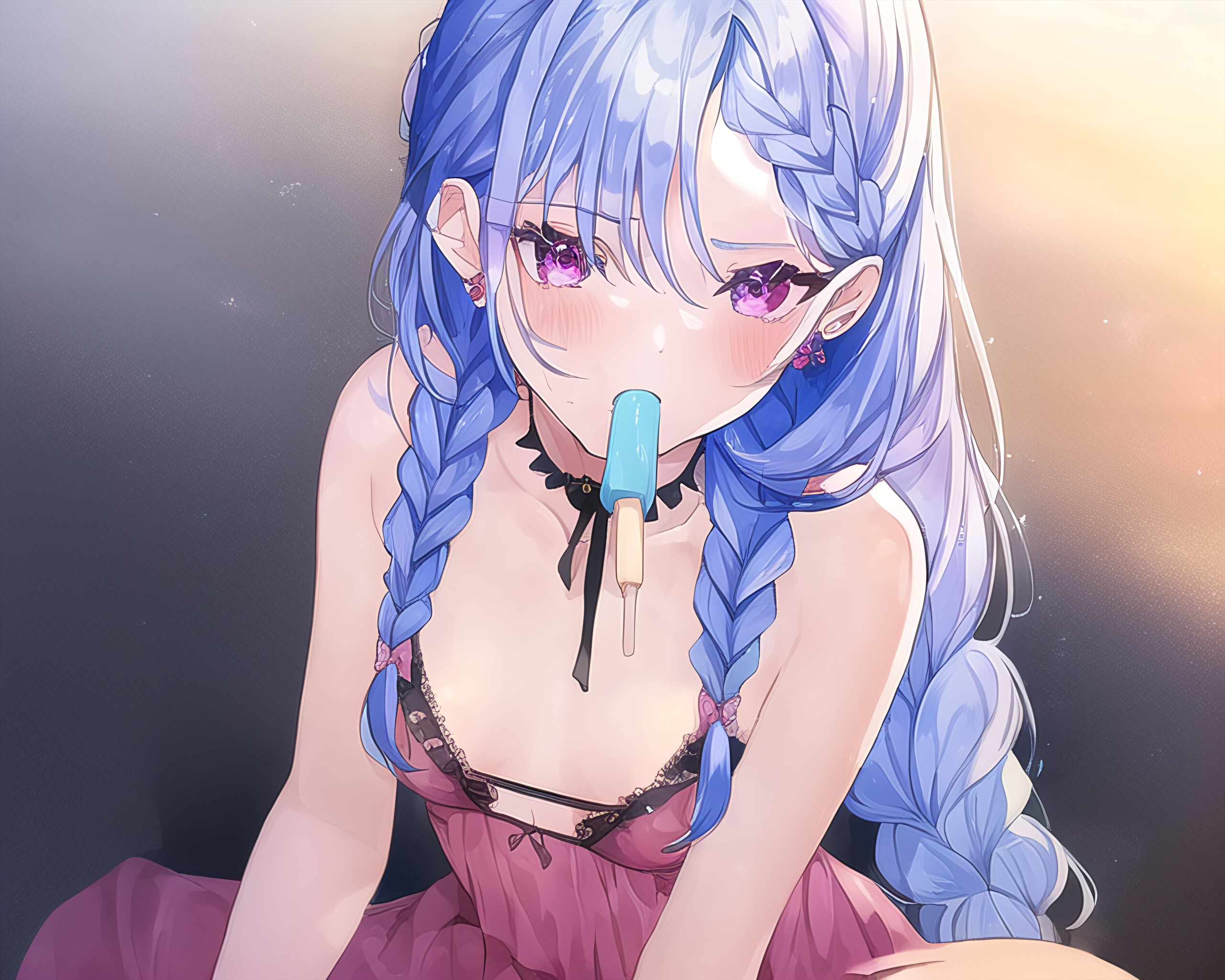 Anime 2560x2048 anime girls anime artwork AI art Mia27000 braids popsicle purple eyes blue hair
