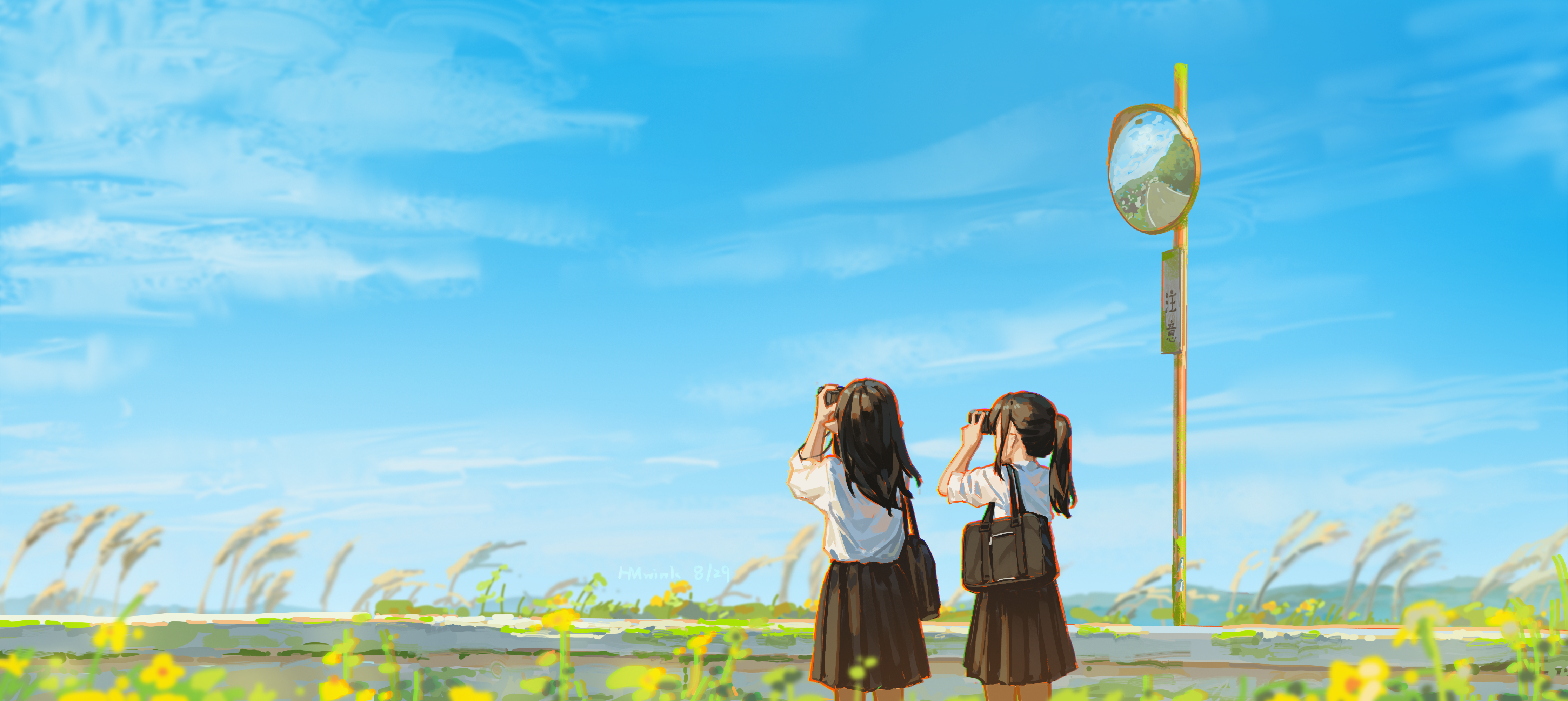 Anime 4469x2000 Hua Ming wink original characters sky school uniform anime girls schoolgirl camera