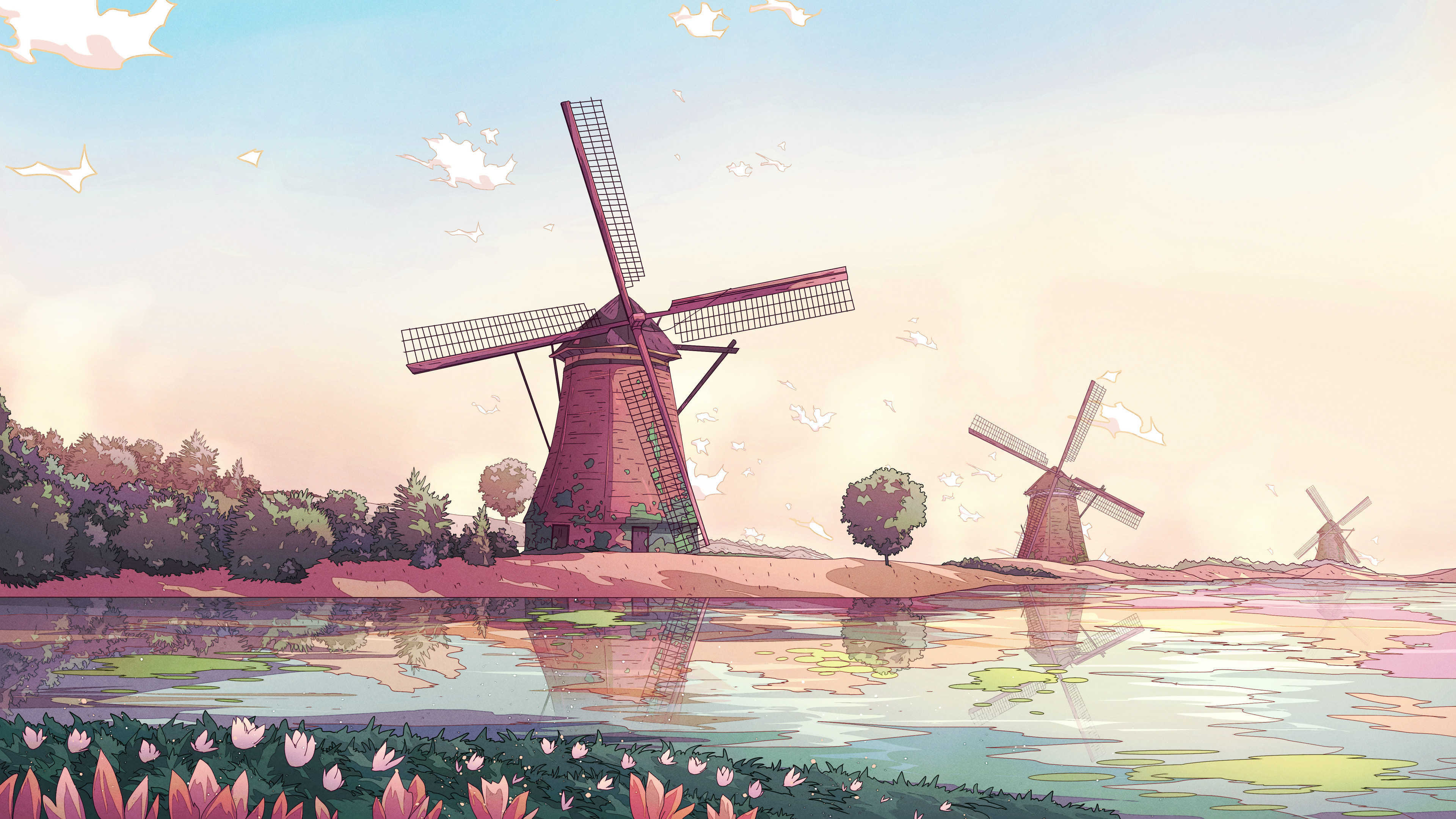 General 3840x2160 Christian Benavides digital art fantasy art windmill Don Quijote reflection river clouds landscape artwork water flowers