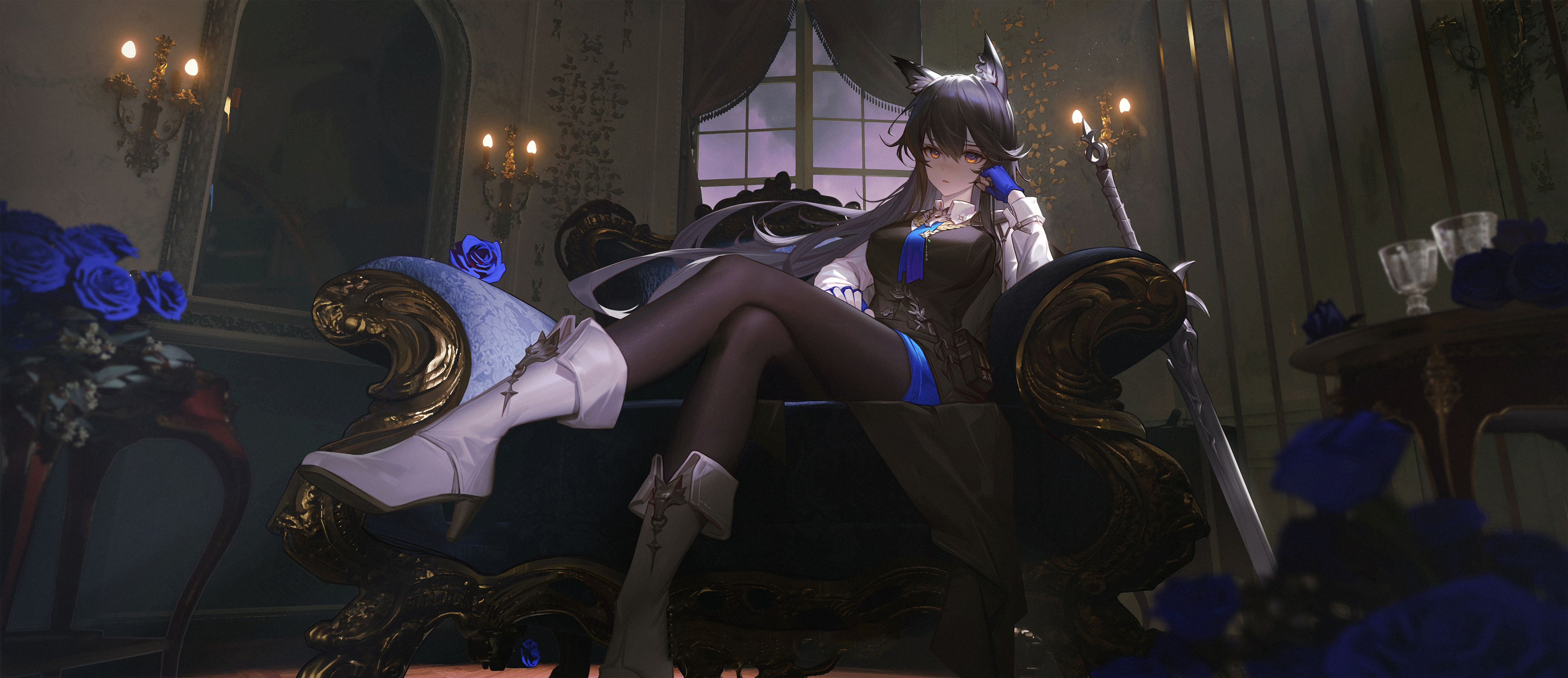 Anime 3984x1724 Arknights anime girls video games video game characters blue rose legs crossed Texas (Arknights) low-angle wolf girls sword sitting