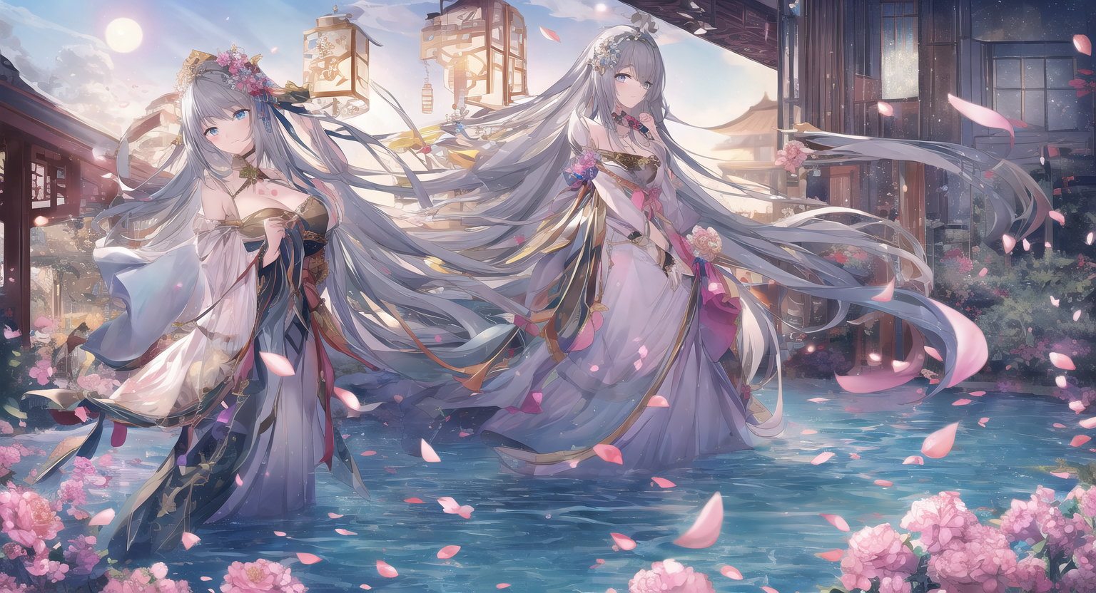 Anime 1536x832 anime anime girls water underwater long hair chinese dress traditional art flowers petals standing in water flower in hair