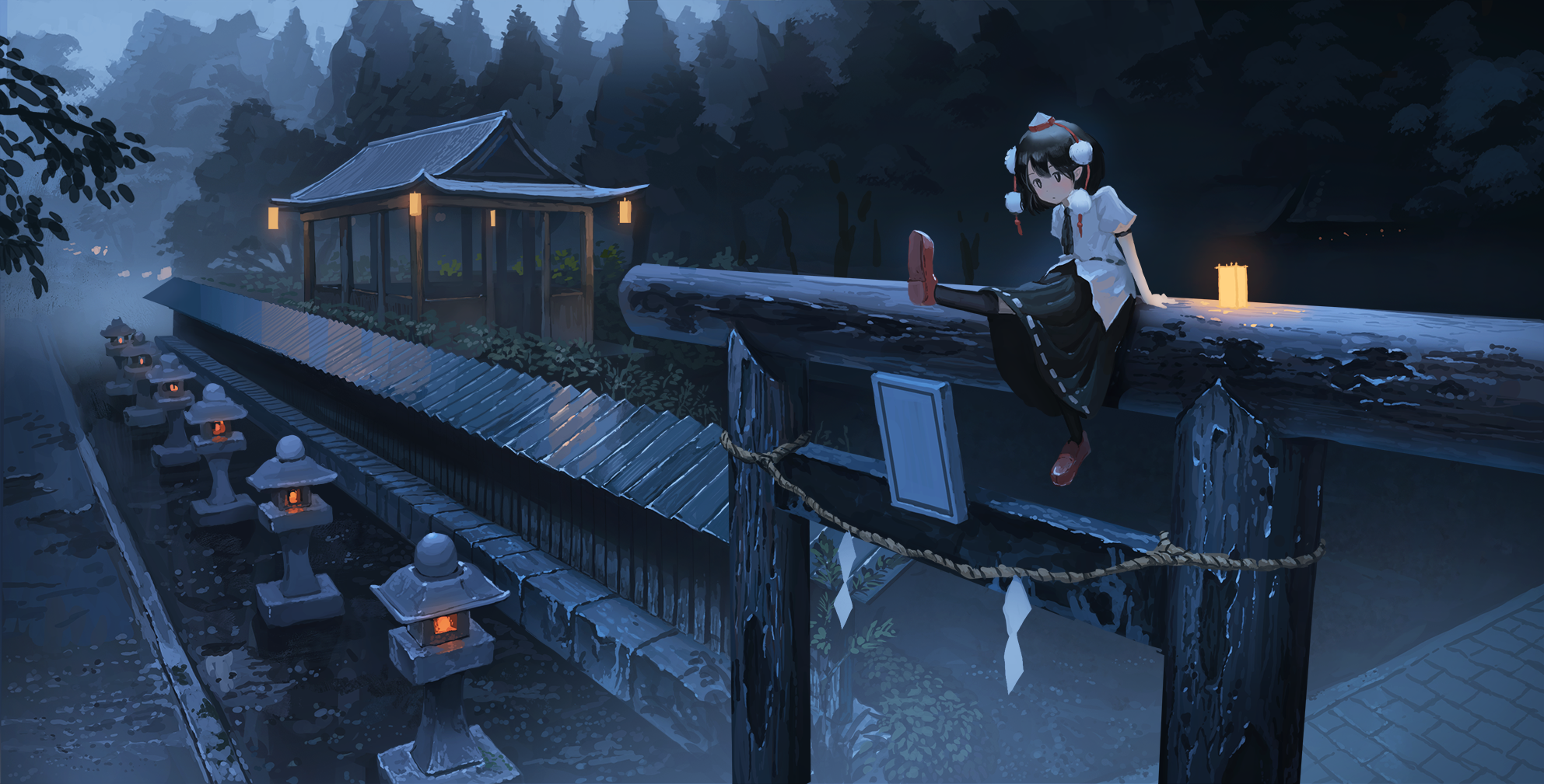 Anime 1985x1009 Shameimaru Aya lantern shrine night forest stone lantern Touhou