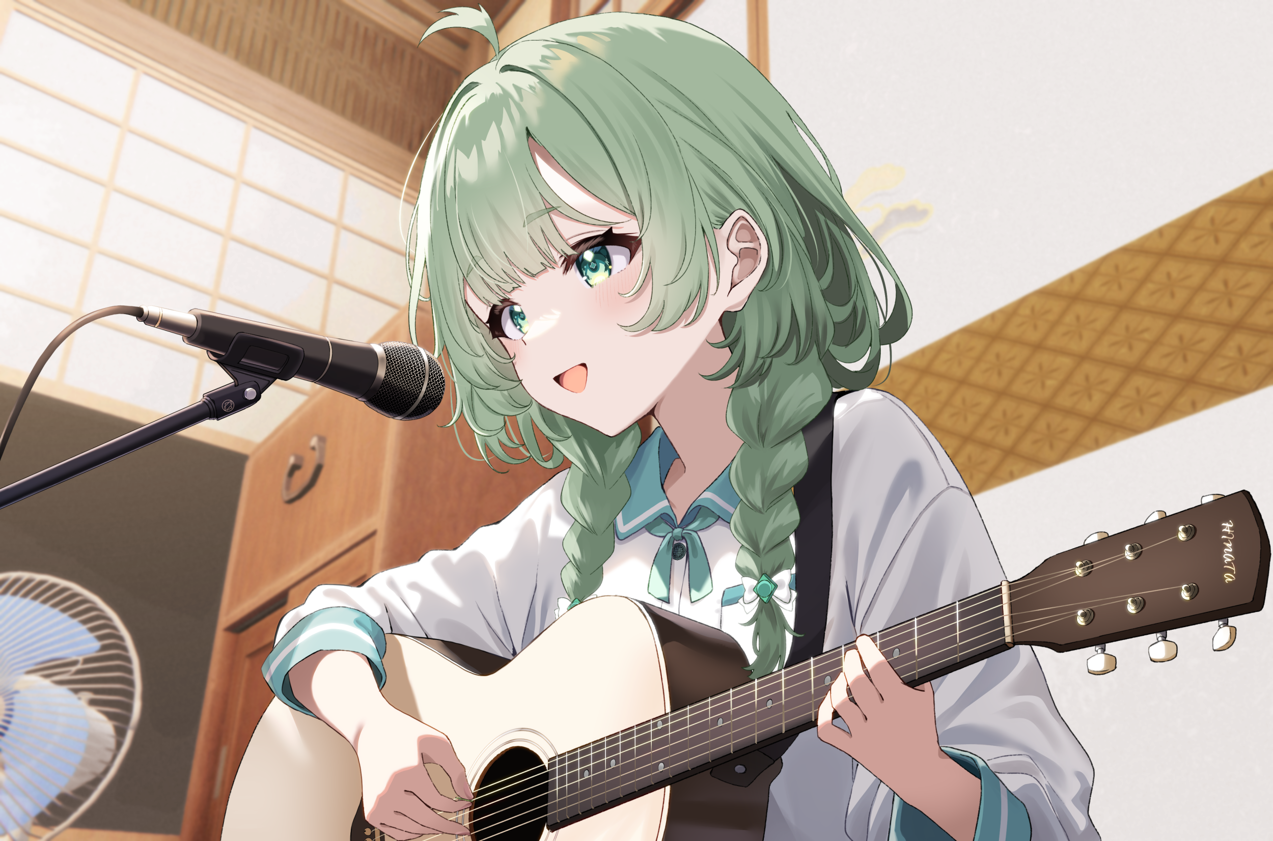 Anime 2500x1652 anime anime girls green hair green eyes guitar sailor uniform microphone singing musical instrument smiling Shiokazunoko long hair twintails rolled sleeves looking away open mouth Natori hinata fans ahoge women indoors collared shirt braids bangs