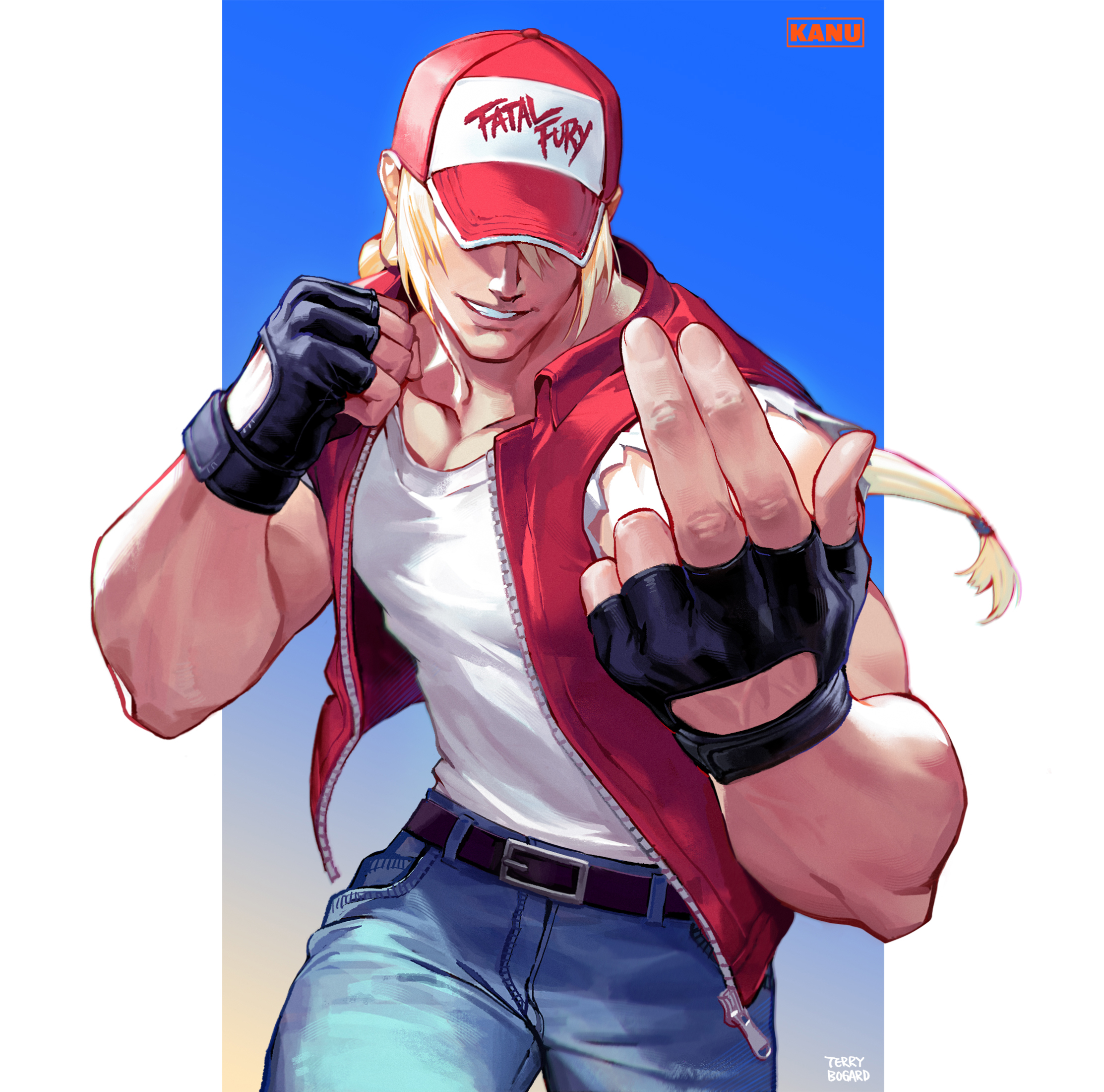 Anime 2226x2200 Fatal Fury King of Fighters Terry Bogard baseball cap fighting stance red jackets fingerless gloves smiling simple background hat video game boys jeans Kim Hana long hair blonde muscular ponytail SNK