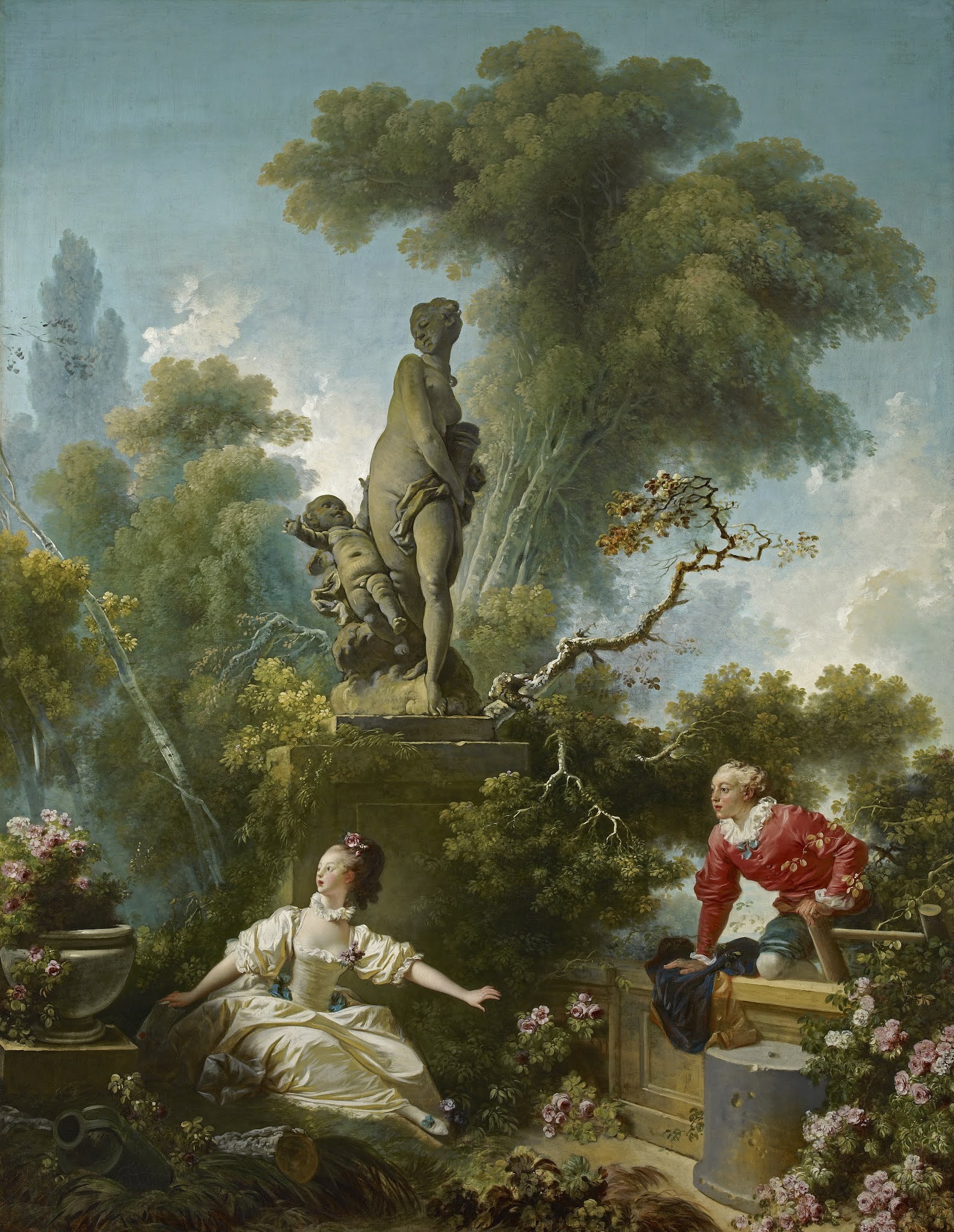 General 1586x2048 classic art painting Jean-Honoré Fragonard statue trees flowers park