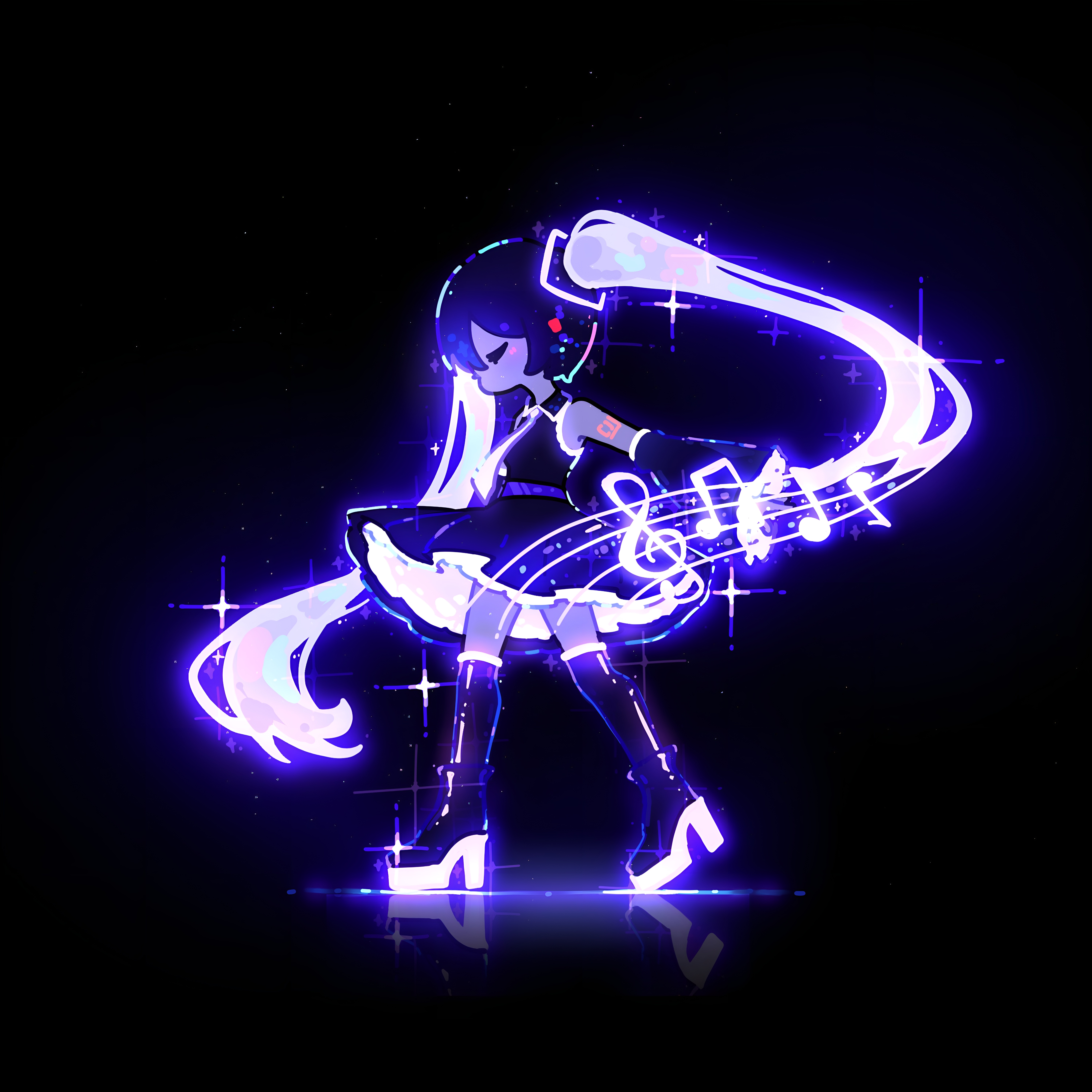 Anime 6000x6000 Hatsune Miku digital art artwork upscaled simple background black dress neon glowing musical notes Vocaloid high heeled boots black boots thigh high boots long hair twintails sparkles tattoo tie arm warmers anime girls side view black background closed eyes looking below dark night stars space art dark background blue hair