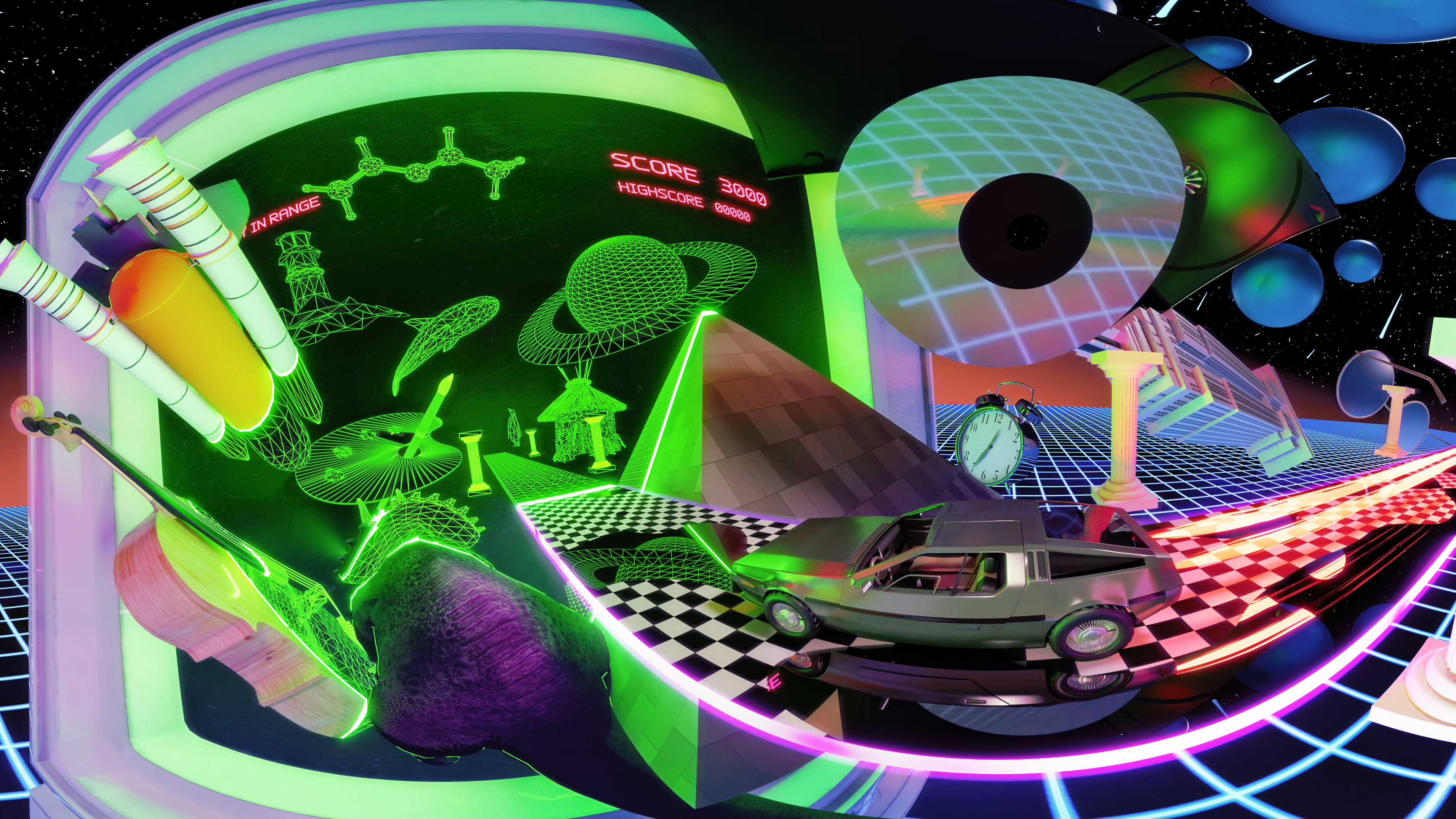 General 3840x2160 vaporwave 1980s Tron artwork digital art VHS nostalgia Back to the Future DeLorean discs neon glowing car Retro computers retro games retro style retro science fiction Blender 4K retrowave synthwave CGI futuristic stars New Retro Wave wireframe grid colorful computer science fiction retro theme OutRun