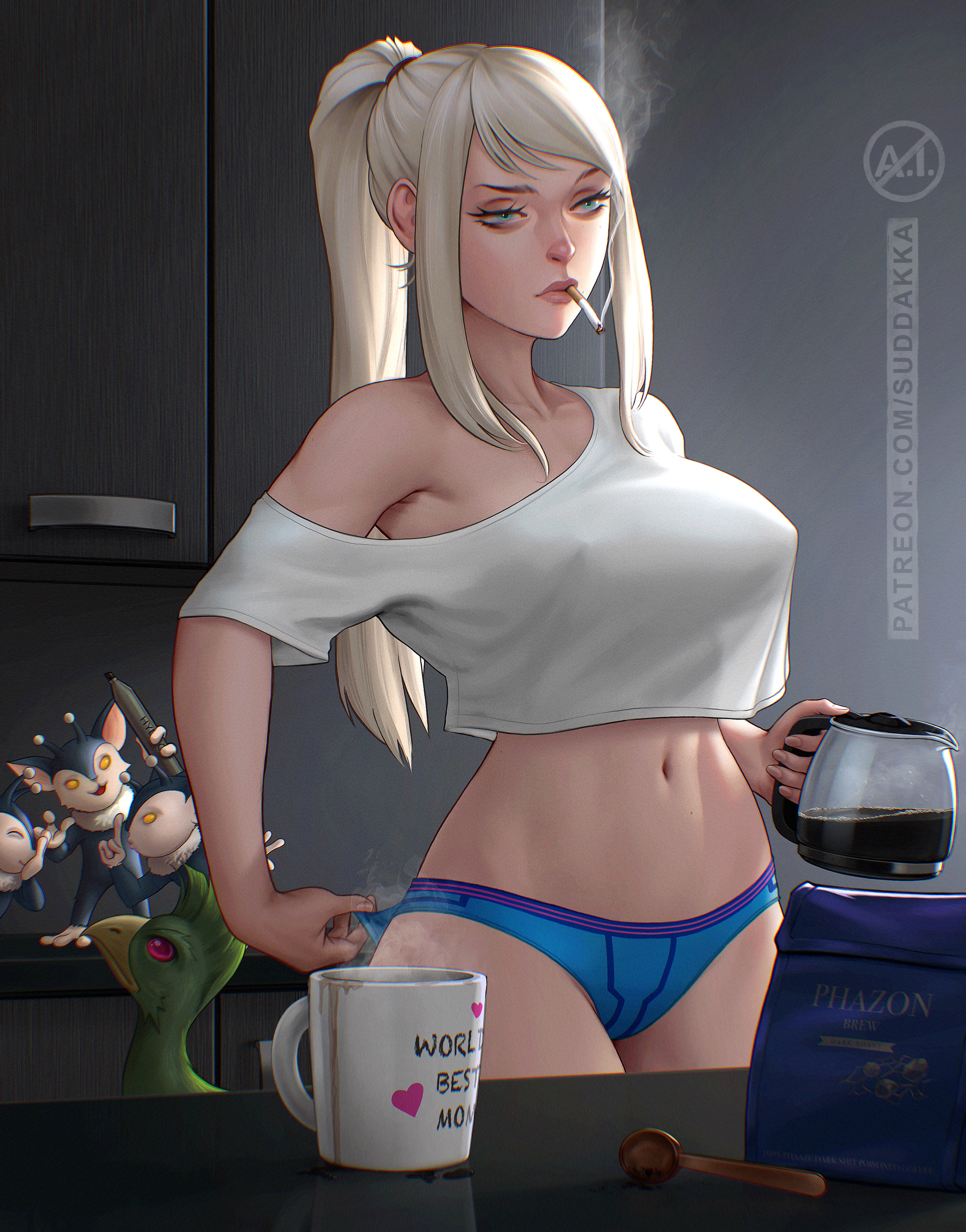 General 3210x4096 blue panties Suddakka Metroid Samus Aran coffee women indoors moles cigarettes kitchen partially clothed blue eyes blonde ponytail thighs together no bra watermarked looking away frontal view closed mouth belly button belly shaved armpit smoking outline video game girls video game characters