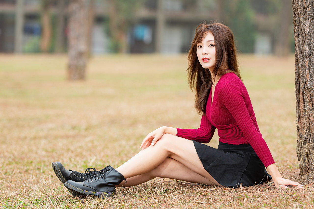 Asian, model, women, long hair, dark hair, sitting, Doc Martens ...