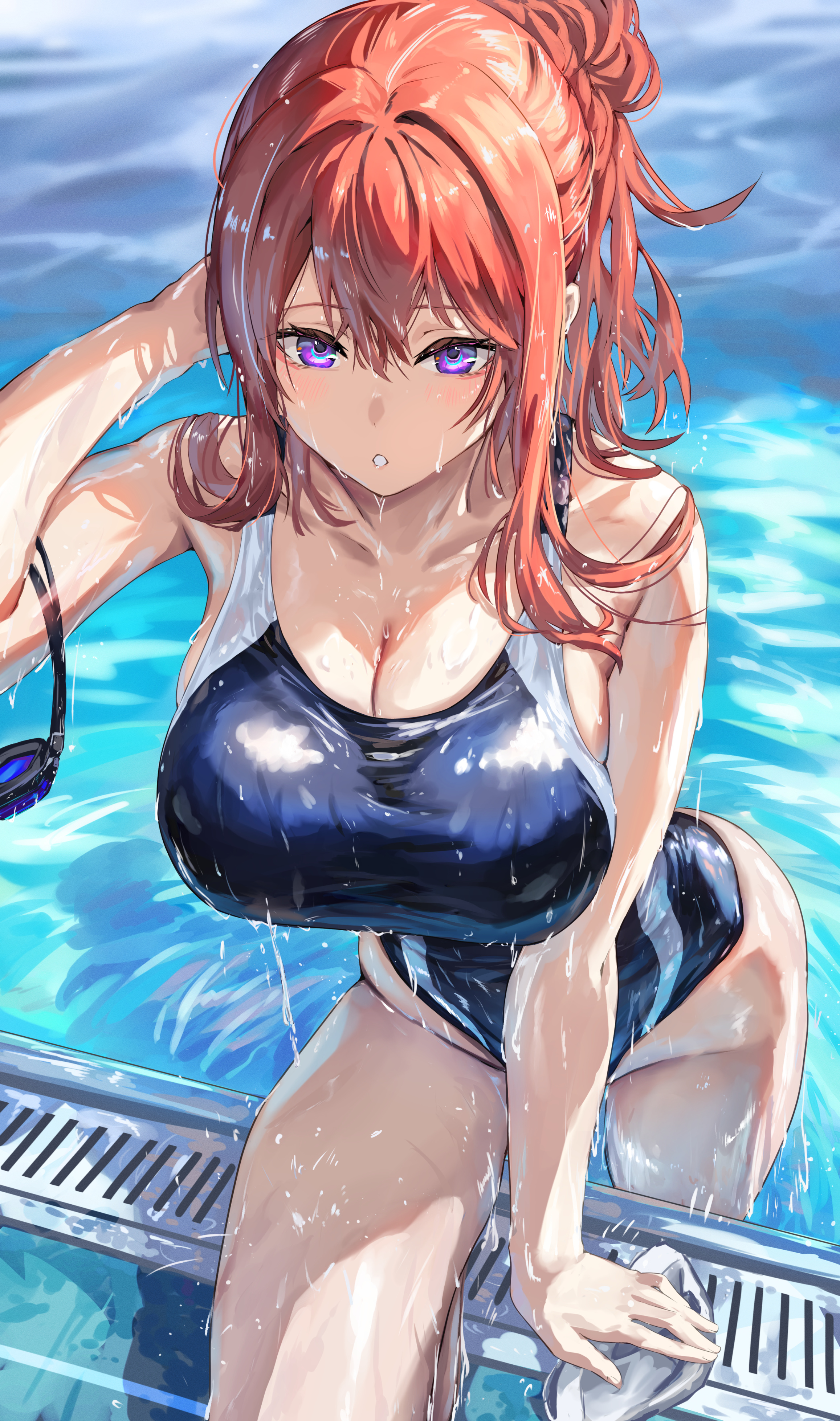 Anime 2314x3915 Sakazuki Sudama water portrait display long hair huge breasts cleavage one-piece swimsuit thighs looking at viewer redhead competition swimsuit wet swimming pool ponytail wet swimsuit parted lips purple eyes swimwear blushing hairbun