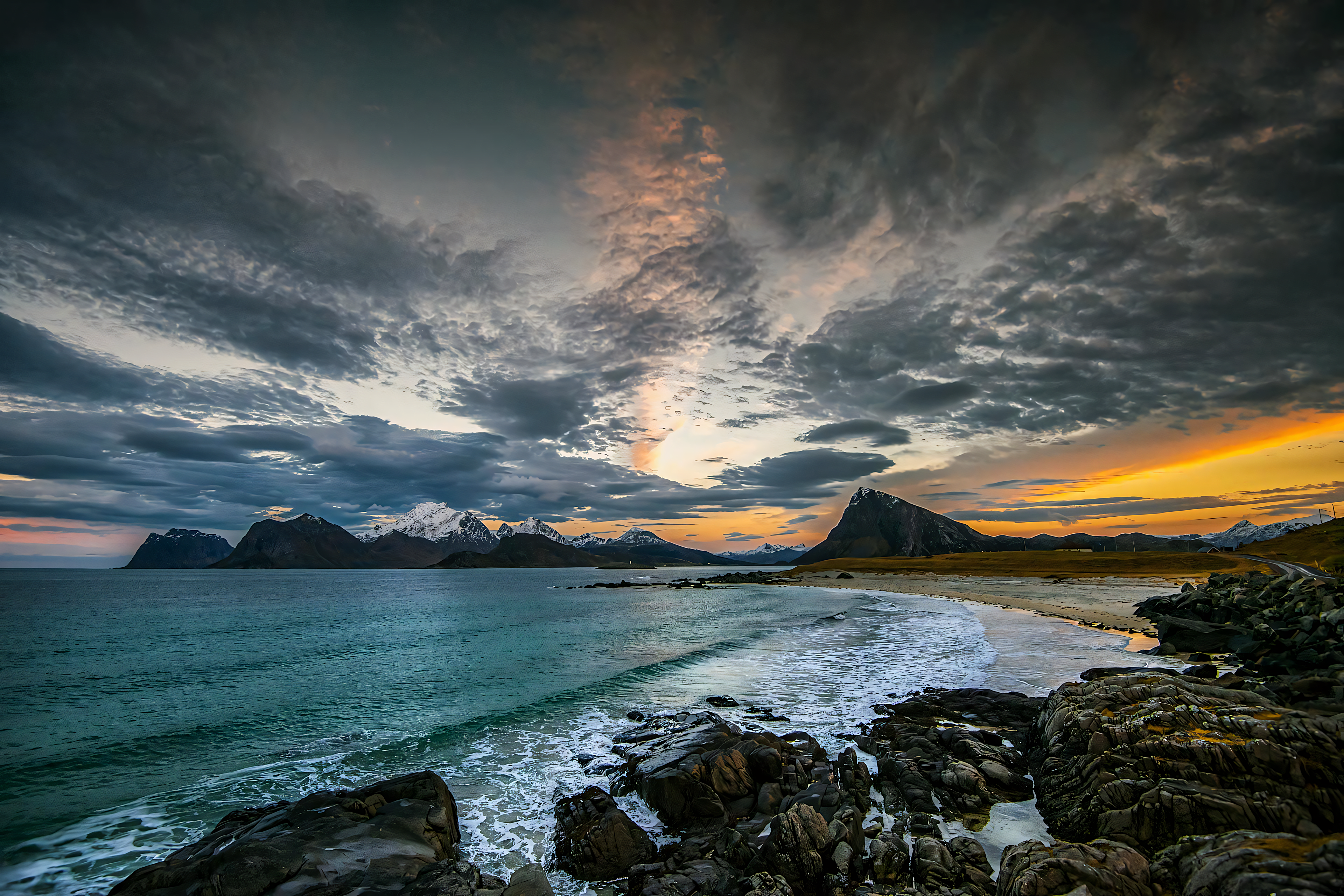 General 3840x2560 clouds sky orange shore nature sea rocks mountains waves beach landscape