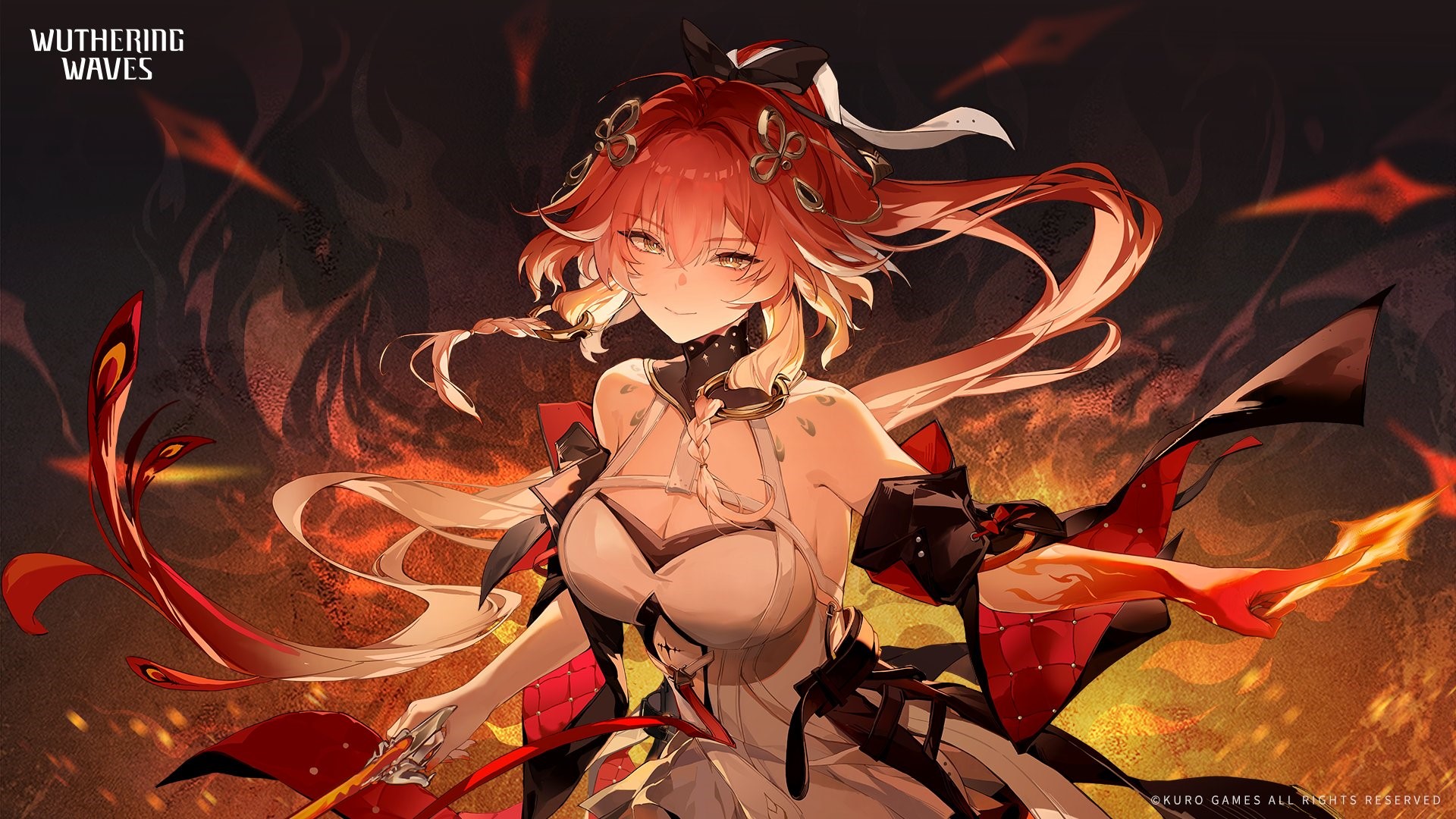 Anime 1920x1080 Wuthering Waves Changli (Wuthering Waves) smiling fiery fiery hair