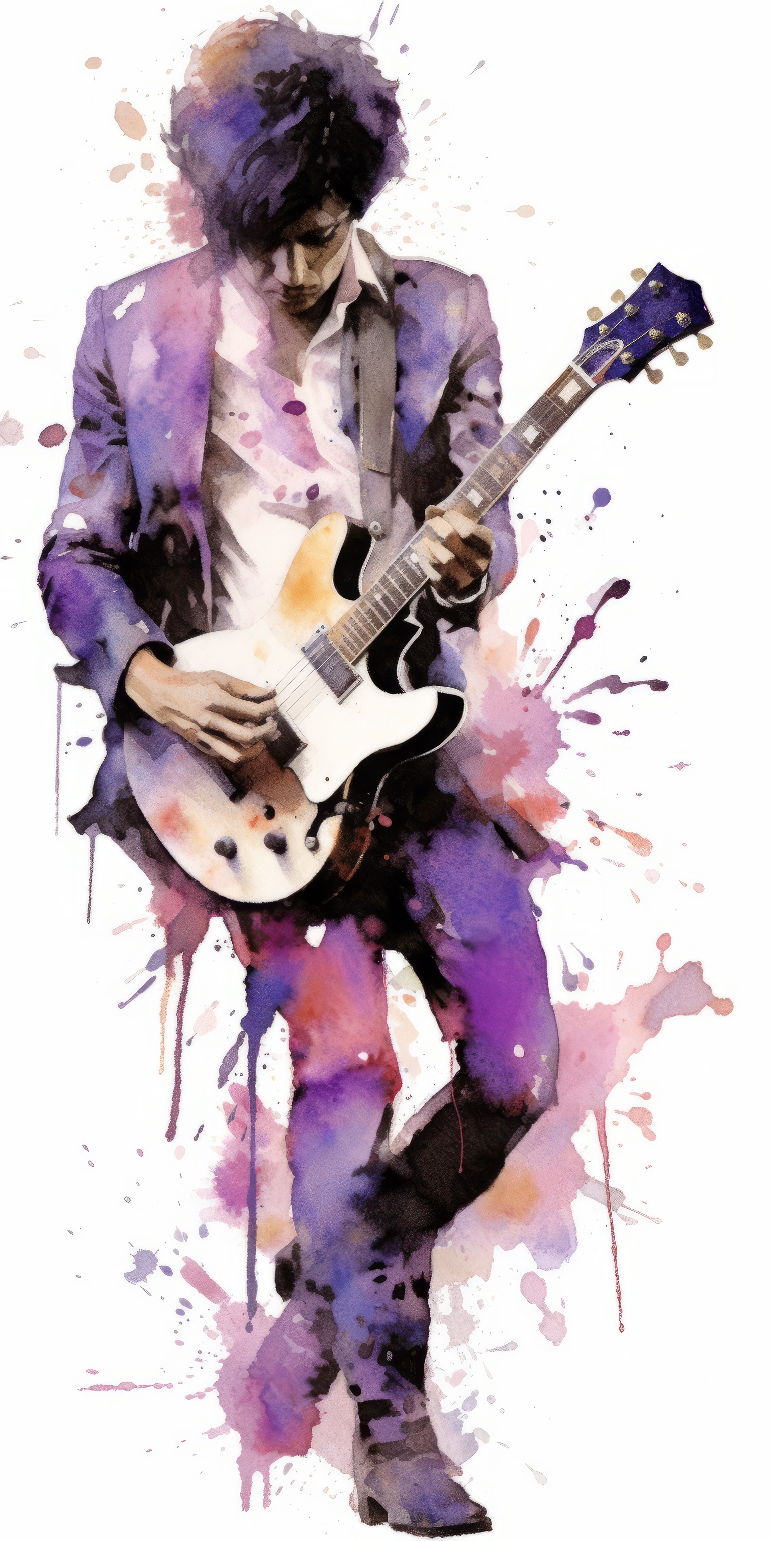 General 1536x3072 AI art portrait display watercolor style Prince guitar purple illustration men musical instrument white background simple background minimalism