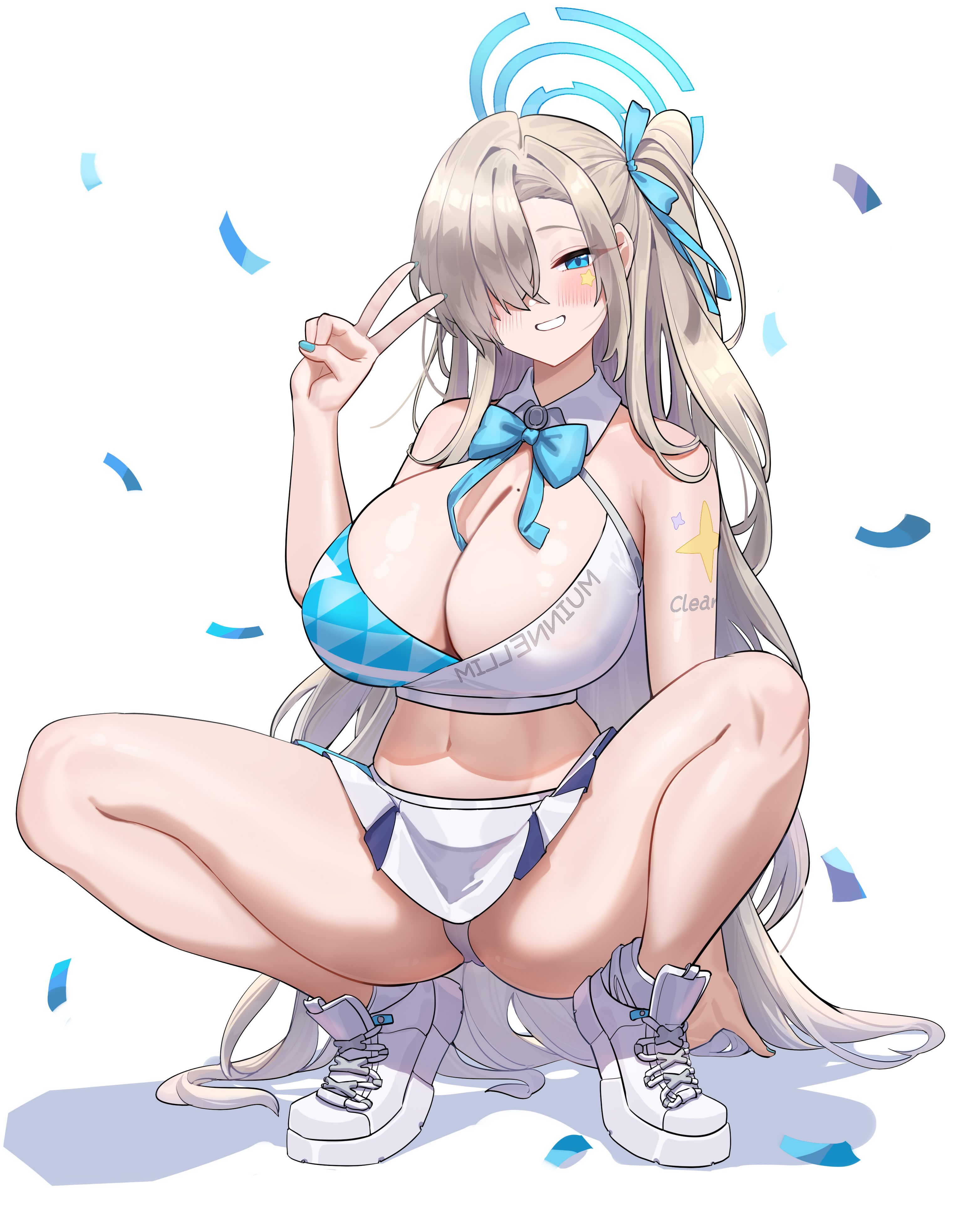 Anime 3084x3934 Blue Archive anime girls blue eyes Asuna Ichinose peace sign squatting portrait display cleavage big boobs long hair looking at viewer simple background confetti white background blushing minimalism spread legs bow tie moles mole on breast cheerleaders