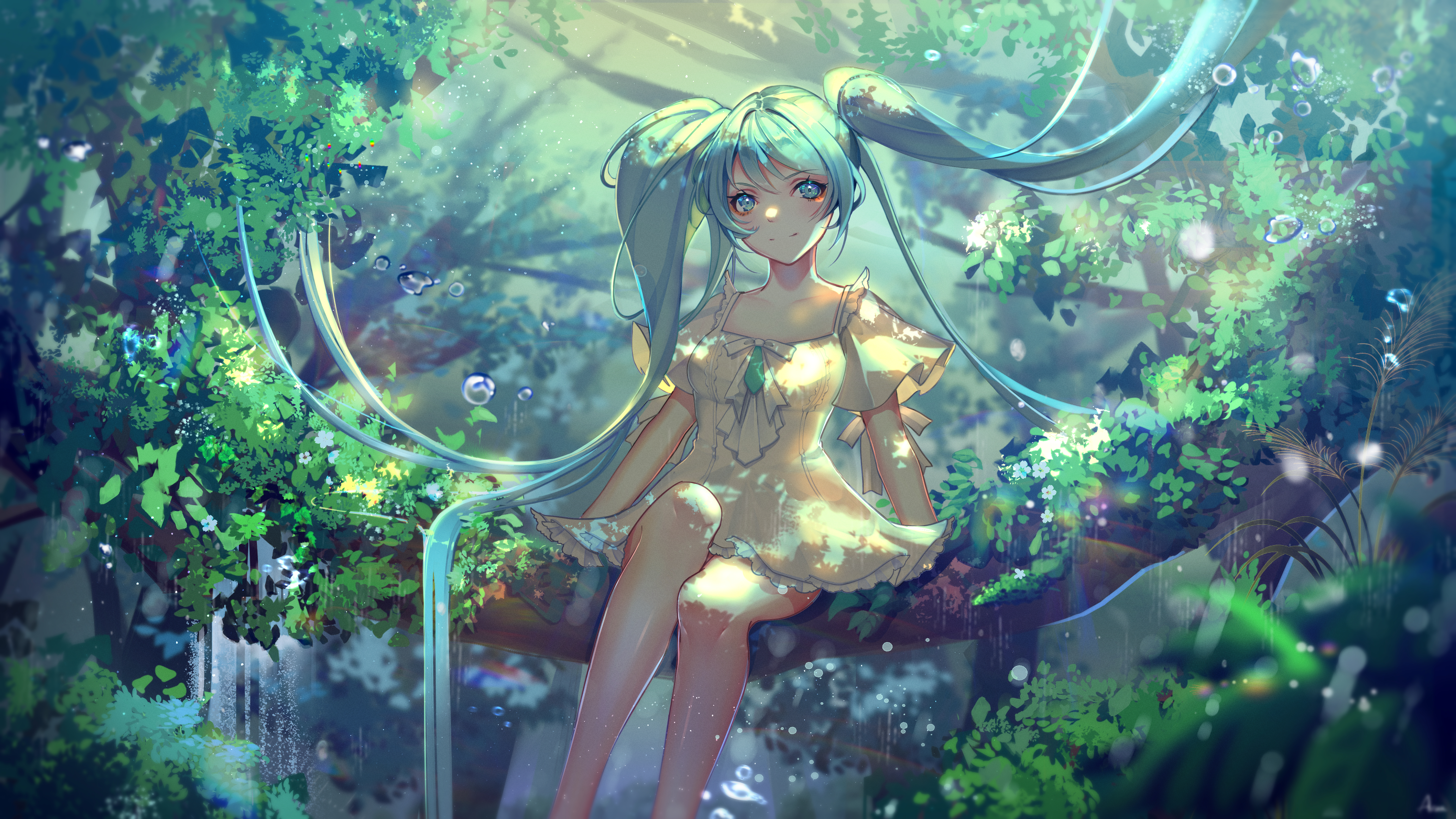 Anime 5291x2976 anime anime girls Vocaloid Hatsune Miku twintails long hair smiling looking at viewer blue hair blue eyes sitting sunlight water drops signature