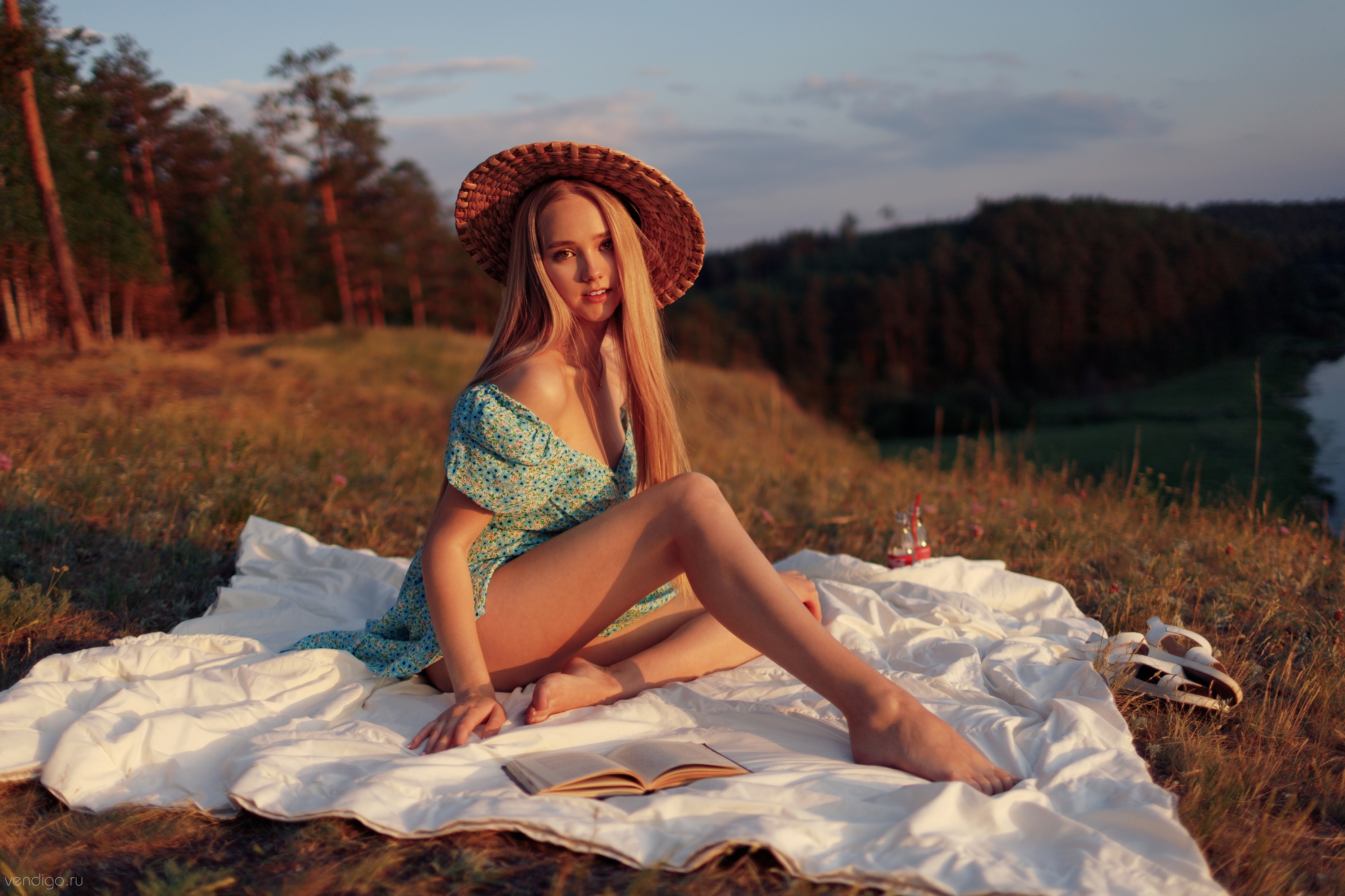 People 3000x2000 Evgeniy Bulatov women hat legs picnic golden hour dress straw hat Darina Sidorova watermarked