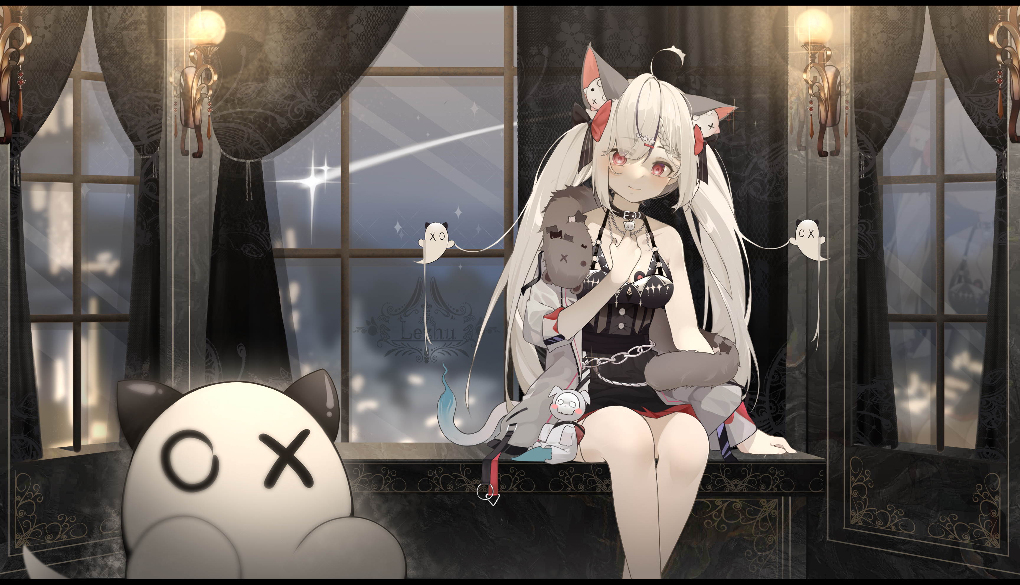 Anime 3456x1983 anime anime girls sitting cat girl cat ears cat tail twintails long hair smiling looking at viewer choker window stars curtains white hair purple eyes