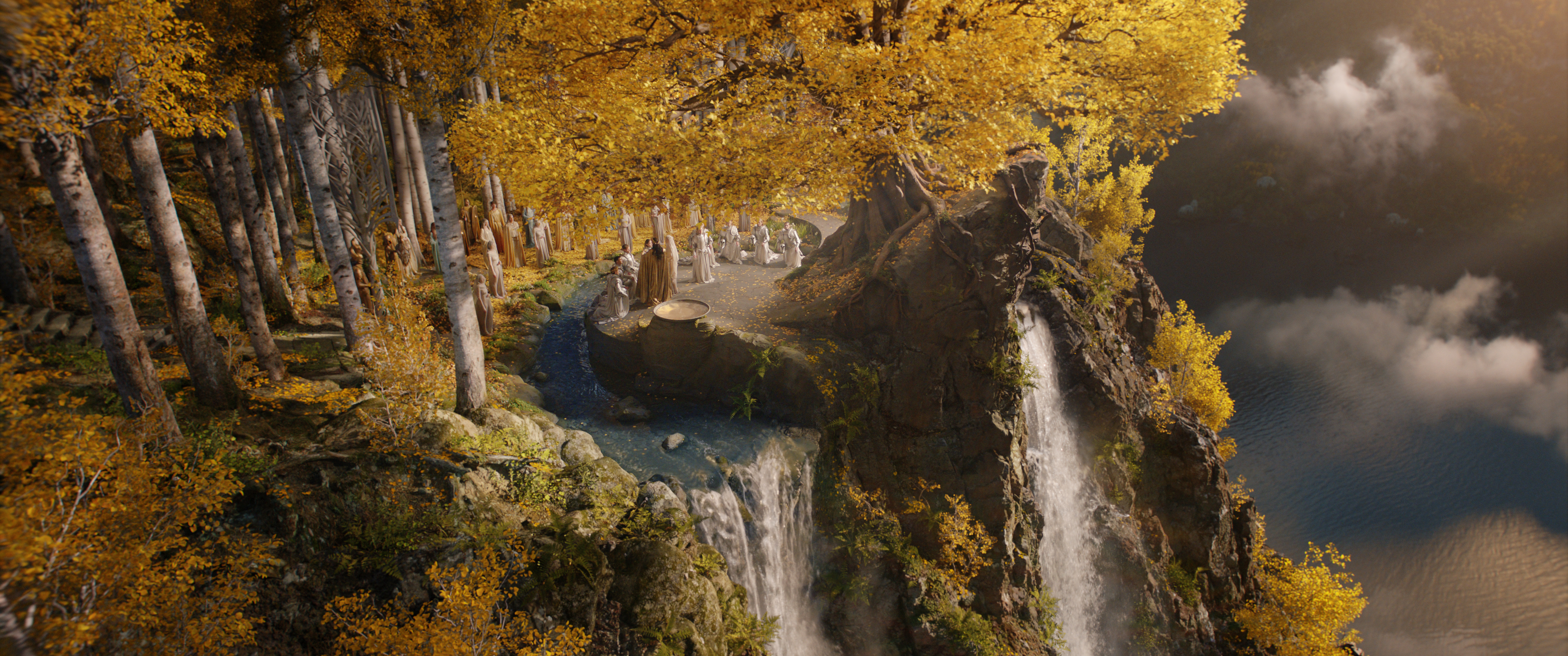 General 3840x1607 The Lord of the Rings Rings of Power TV series ultrawide film stills trees water waterfall clouds forest nature group of people