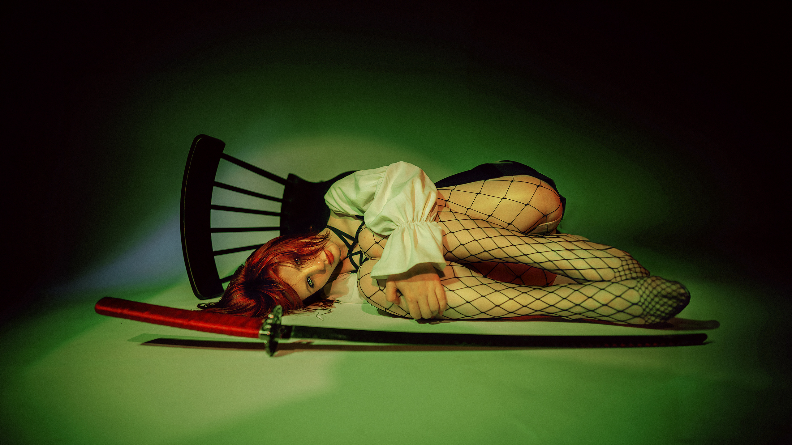 People 2560x1440 Artur Kurjan women redhead lying on side fishnet katana simple background