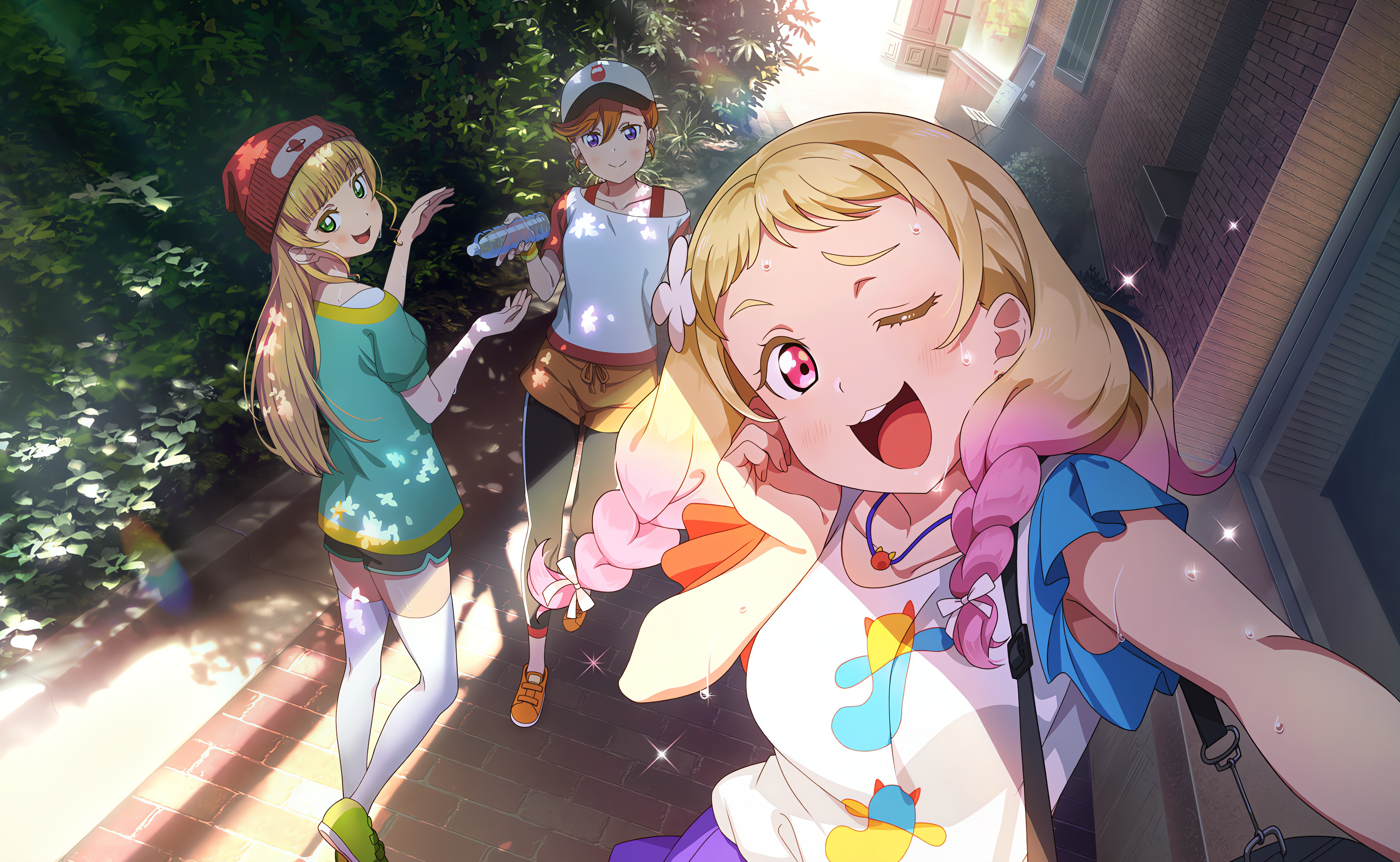 Anime 4096x2520 Onitsuka Natsumi Love Live! Love Live! Super Star!! anime anime girls one eye closed walking gradient hair two tone hair braids looking at viewer hat smiling water bottle stars selfies necklace standing wink open mouth