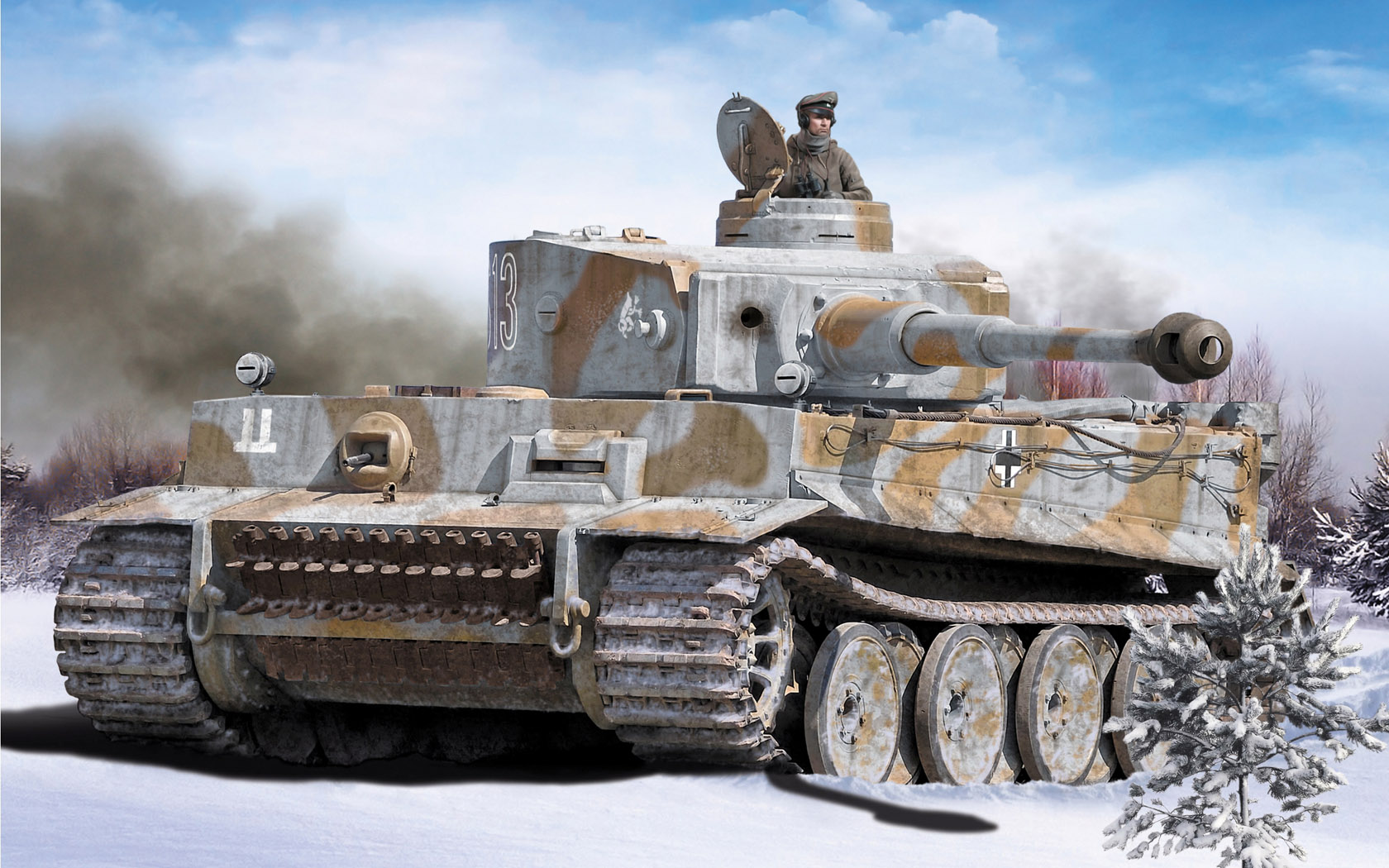 General 1680x1050 tank snow army military military vehicle artwork clouds soldier men hat headphones binoculars uniform Tiger I