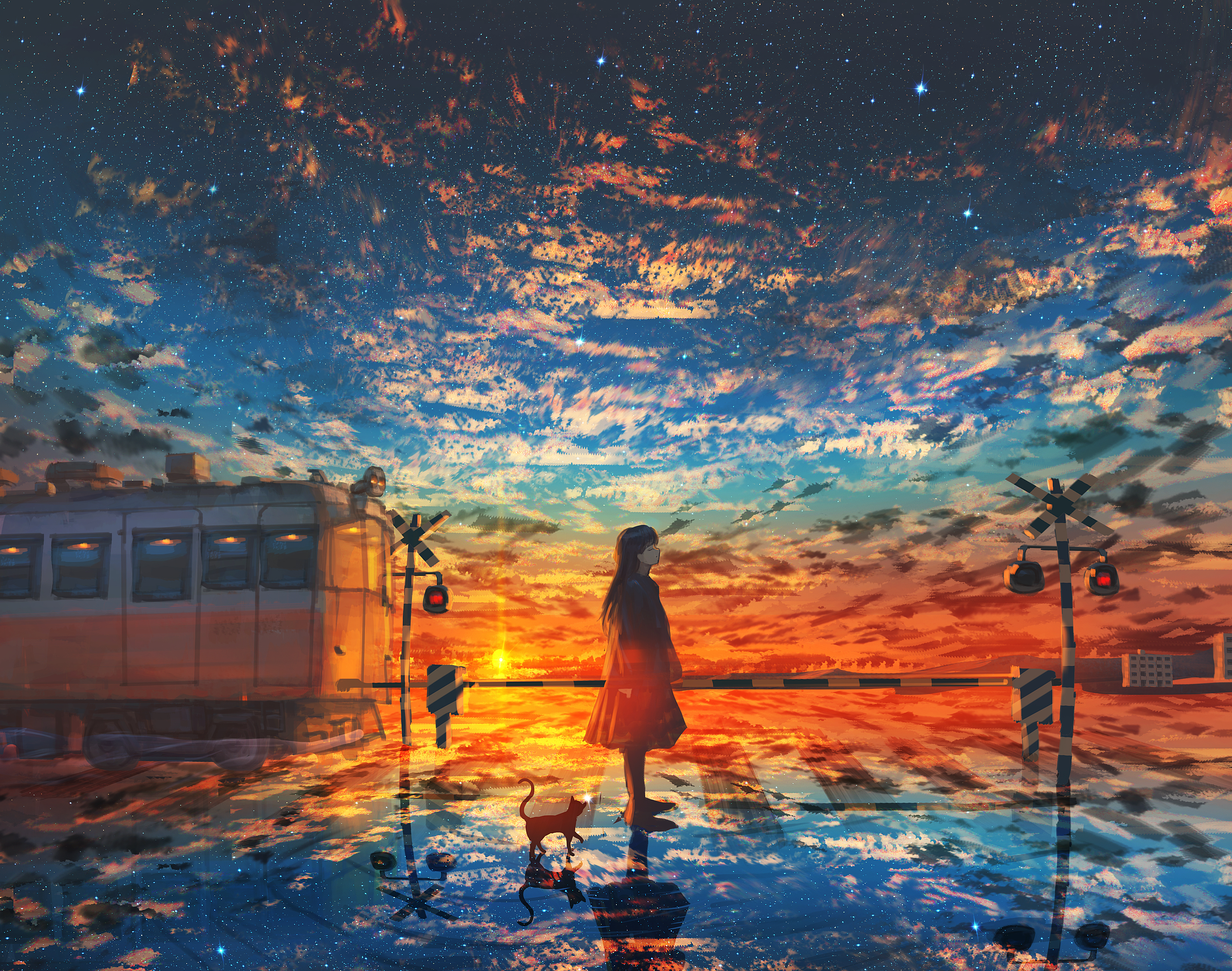 Anime 3300x2600 reflection sky clouds train sunset sunset glow moescape