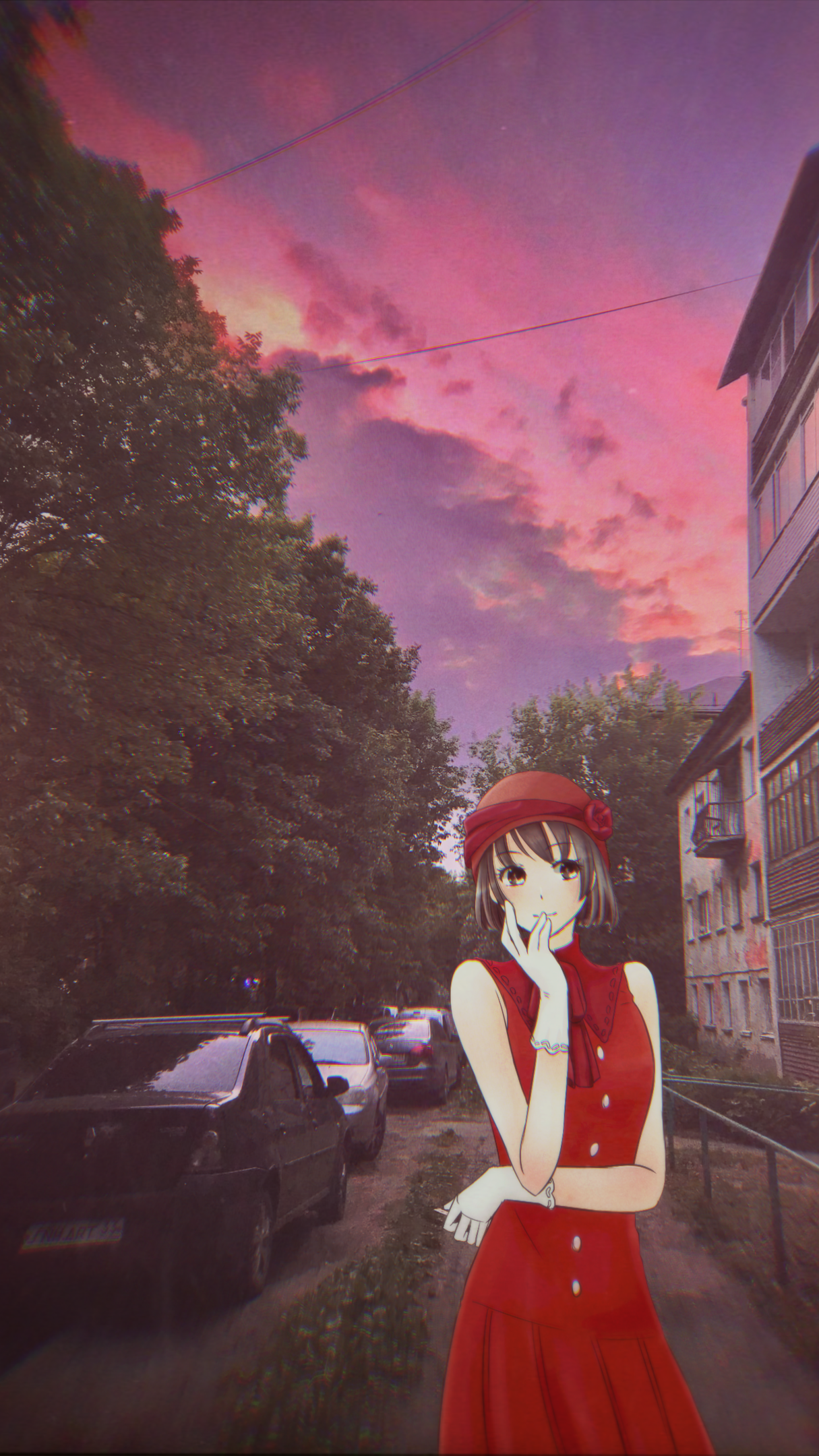 Anime 1215x2160 animeirl anime girls red red hats red dress portrait display looking at viewer smiling short hair gloves dress car sky clouds