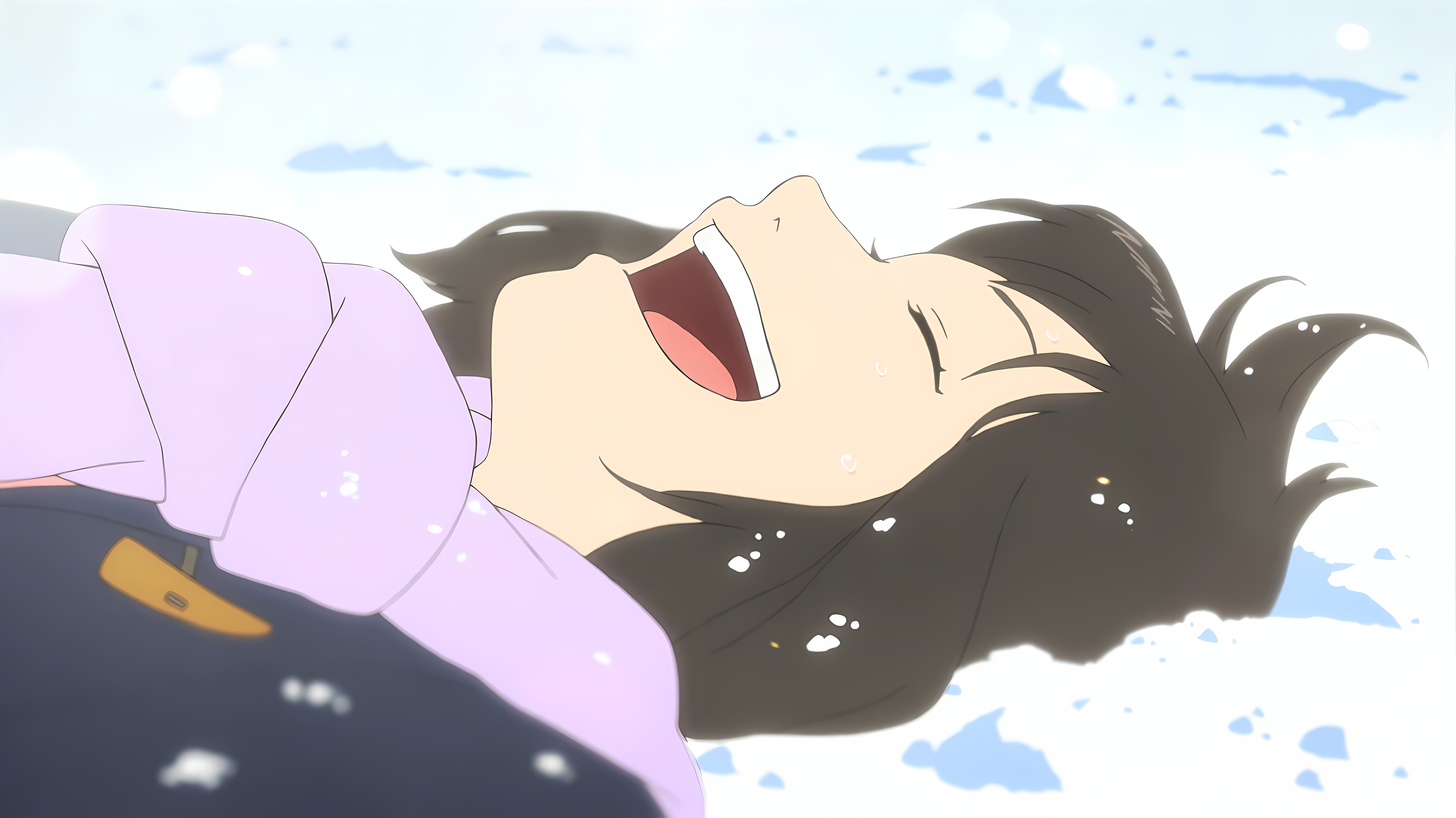 Anime 3840x2160 Wolf Children snow winter upscaled scarf anime girls anime screenshot closed eyes lying down lying on back