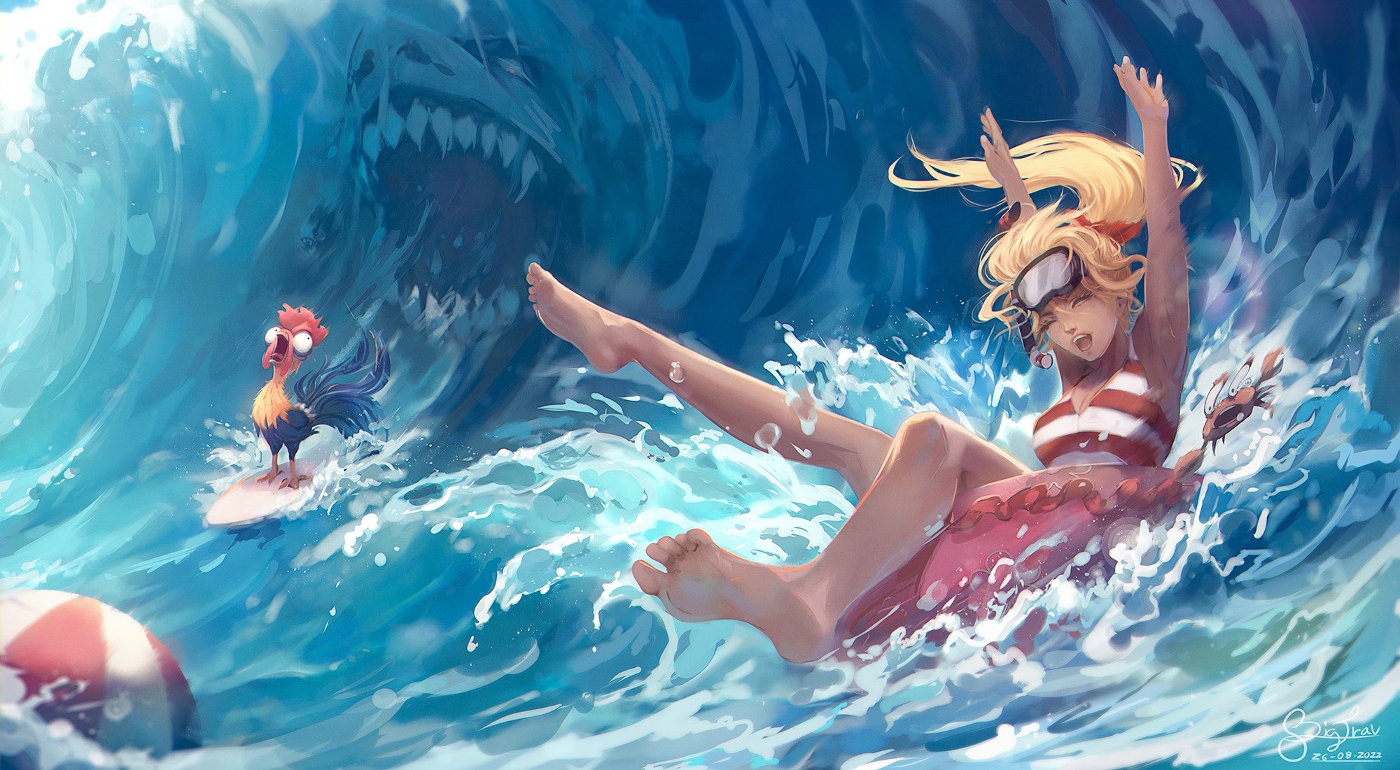 Anime 2000x1101 Bigtravart anime girls animals closed eyes sea one-piece swimsuit swimwear open mouth striped beach ball foot sole barefoot signature splashes crabs surfboards humor chickens armpits ponytail waves legs up toes water floater feet swimming goggles goggles welding goggles arms up Heihei shark legs