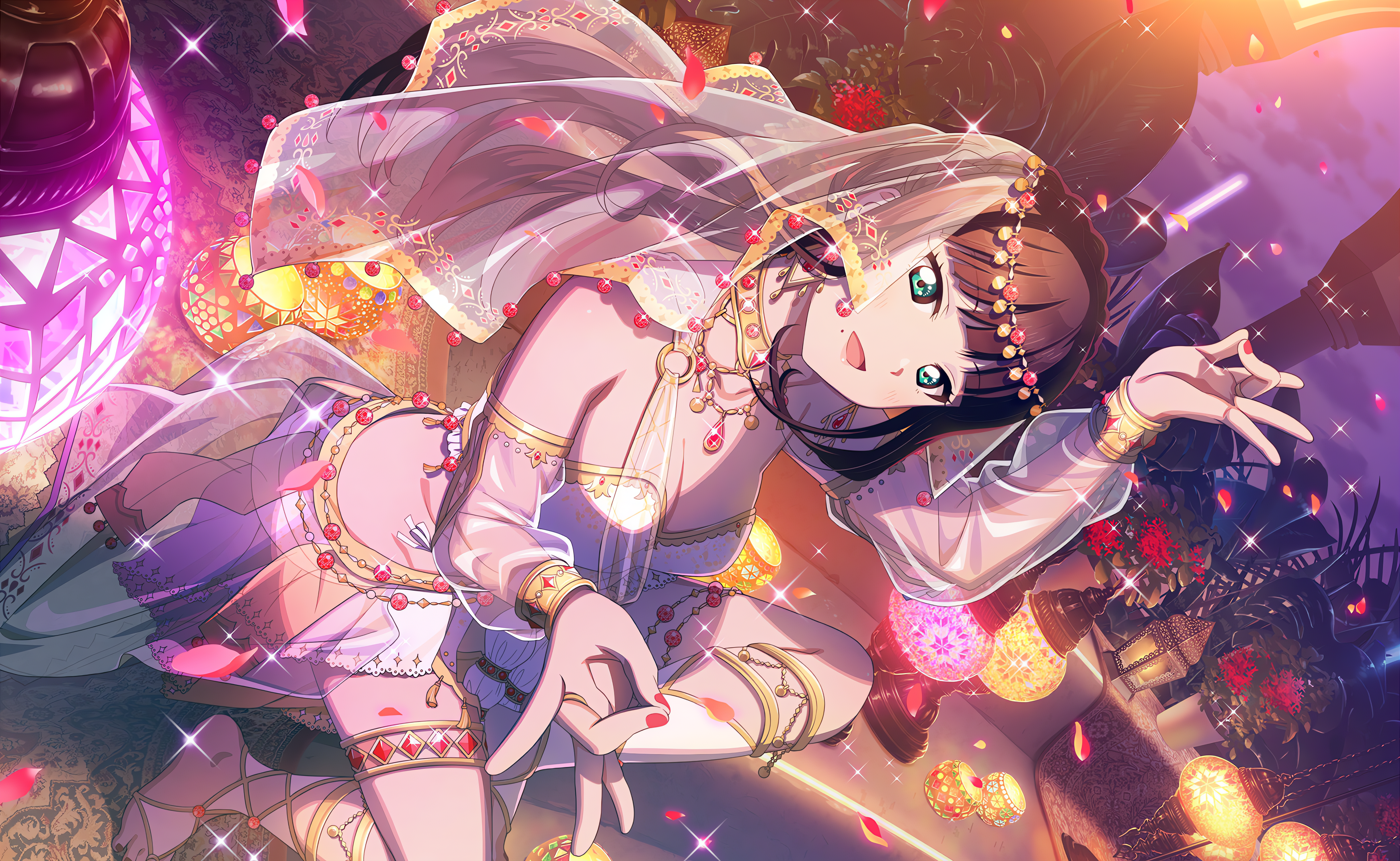 Anime 4096x2520 Kurosawa Dia Love Live! Love Live! Sunshine petals anime anime girls cleavage big boobs looking at viewer stars moles mole under mouth flowers long hair jewelry necklace earring
