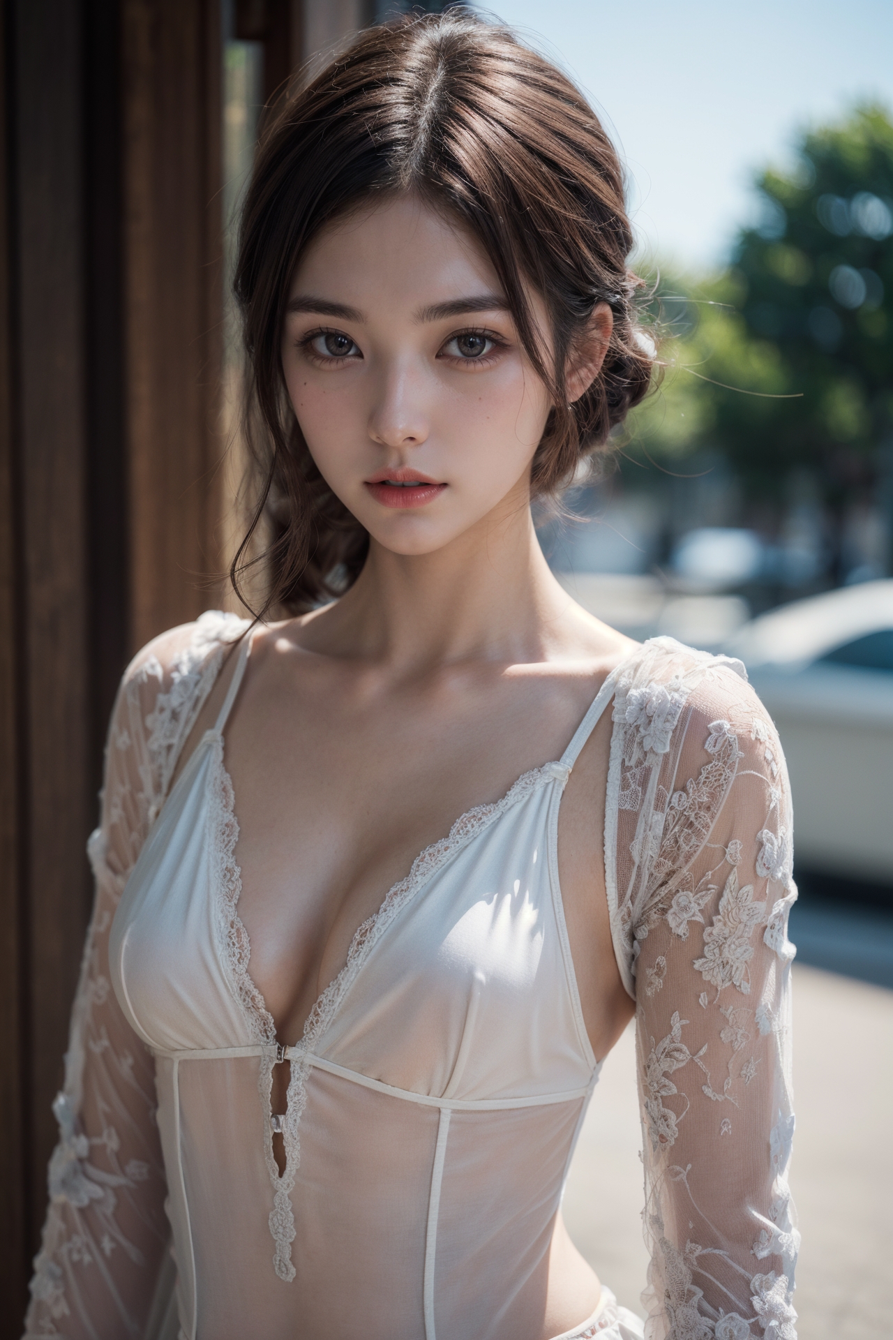 General 1280x1920 AI art Stable Diffusion women looking at viewer frills realistic brunette Asian portrait display blurred blurry background digital art