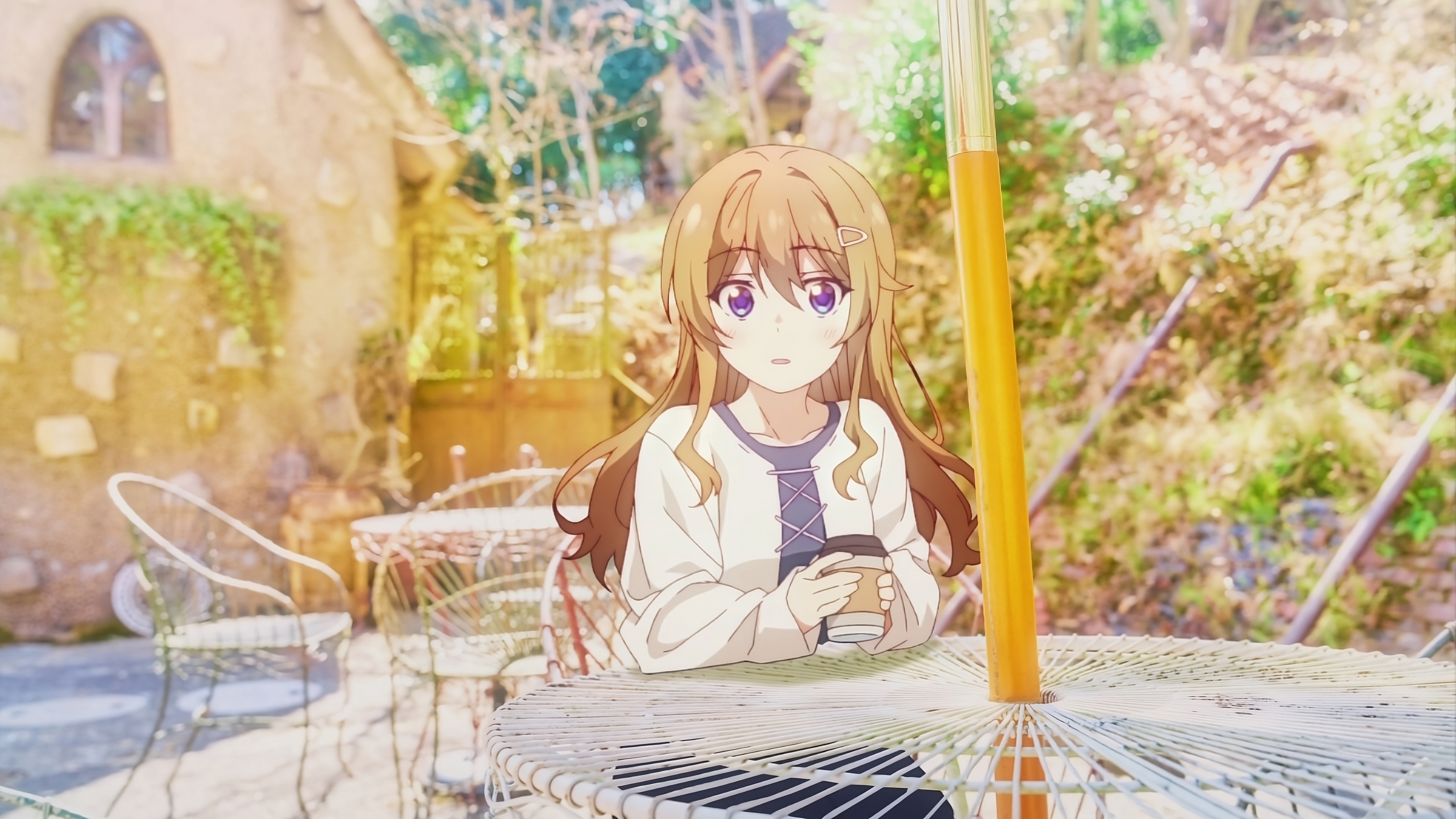Anime 3840x2160 The Dreaming Boy is a Realist anime anime girls Anime screenshot sitting long hair looking at viewer chair table animeirl