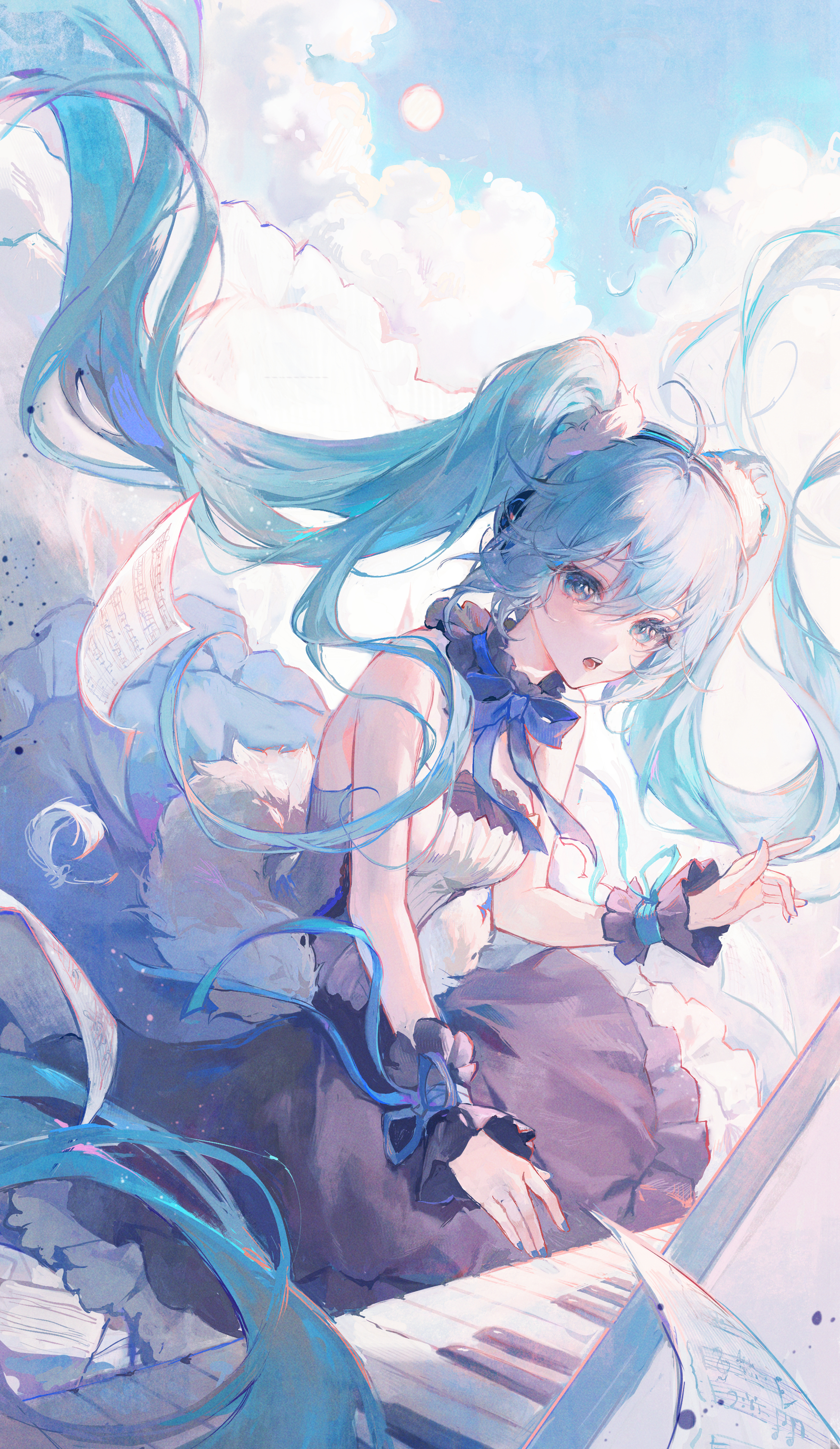 Anime 1951x3364 Maccha anime anime girls portrait display Hatsune Miku Vocaloid twintails dress blue hair blue eyes sky clouds bow tie looking at viewer long hair paper