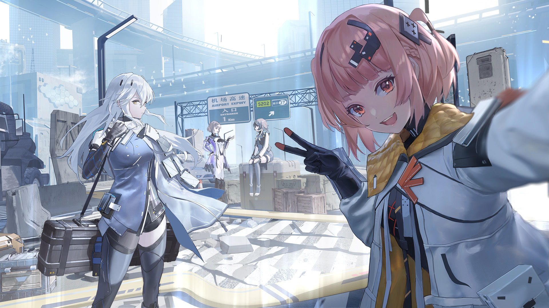 Anime 1920x1080 anime anime girls peace sign selfies short hair long hair city building sitting standing looking at viewer video game art sunlight video games uniform sign street light Snowbreak: Containment Zone