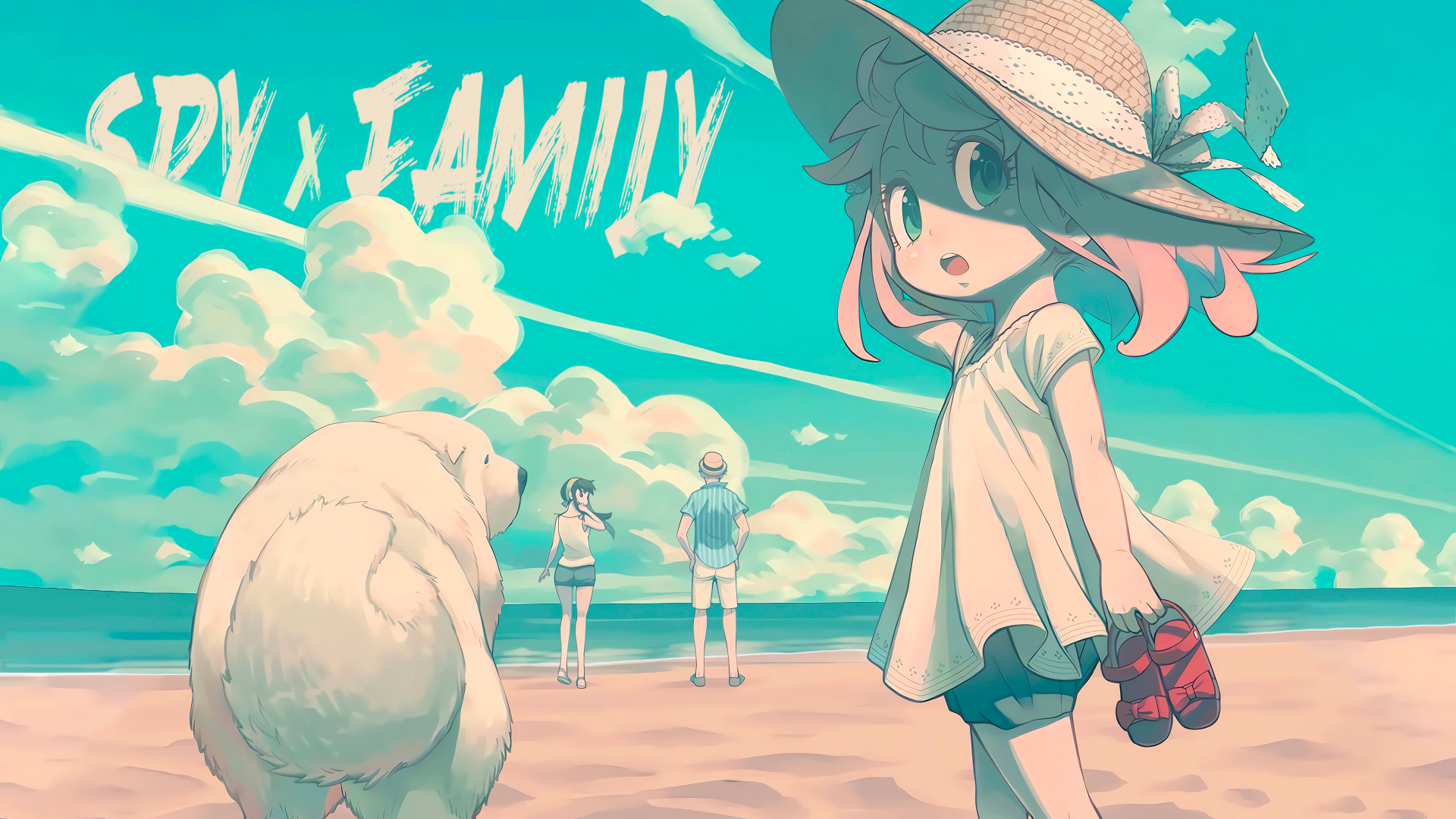Anime 1920x1080 Spy x Family Anya Forger Yor Forger Loid Forger Bond Forger clouds beach anime girls anime boys sand water sky AI art