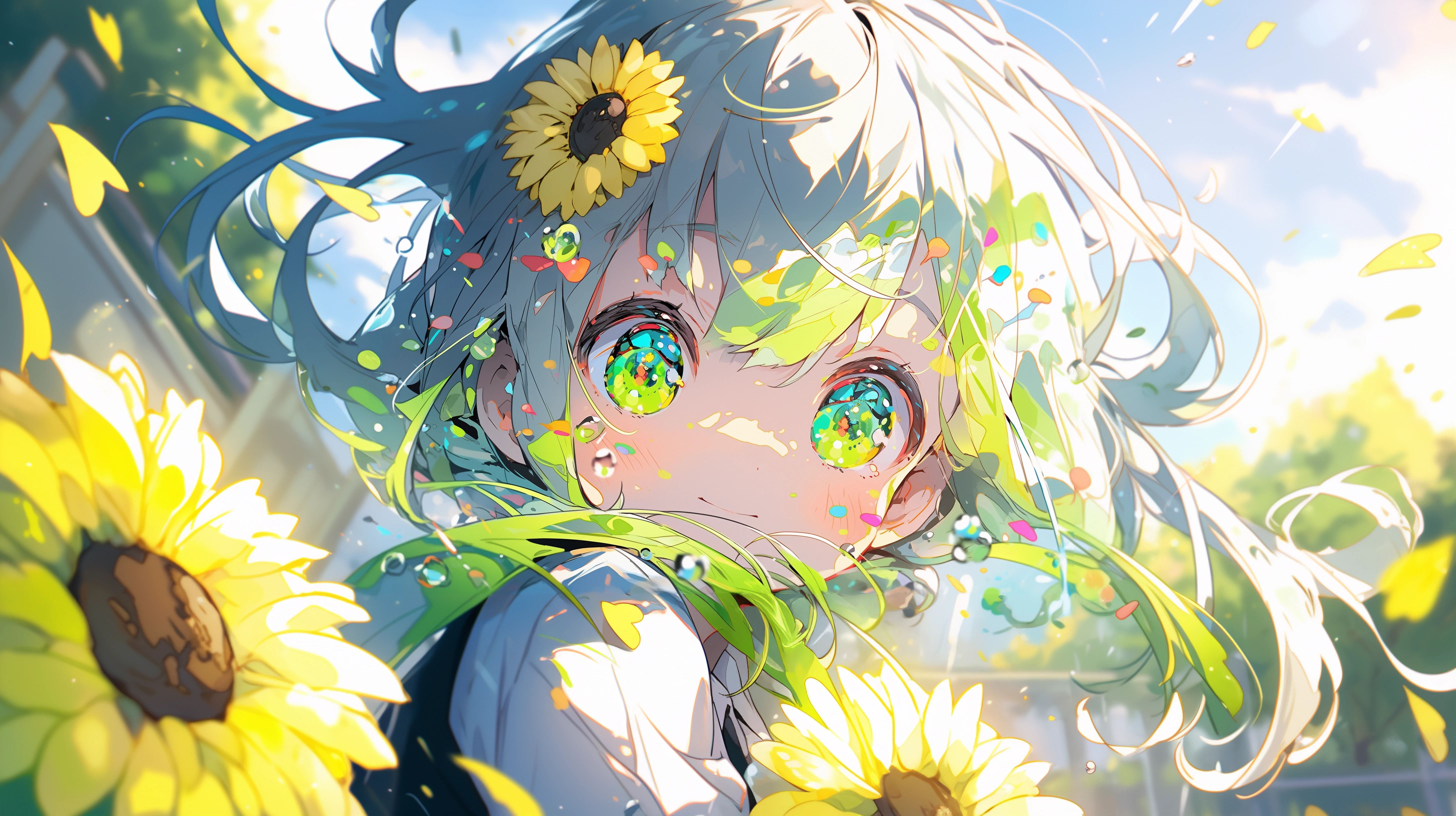 Anime 5824x3264 sunflowers flower in hair petals sky smiling long hair clouds sunlight flowers two tone hair gradient hair AI art looking at viewer children anime girls blushing