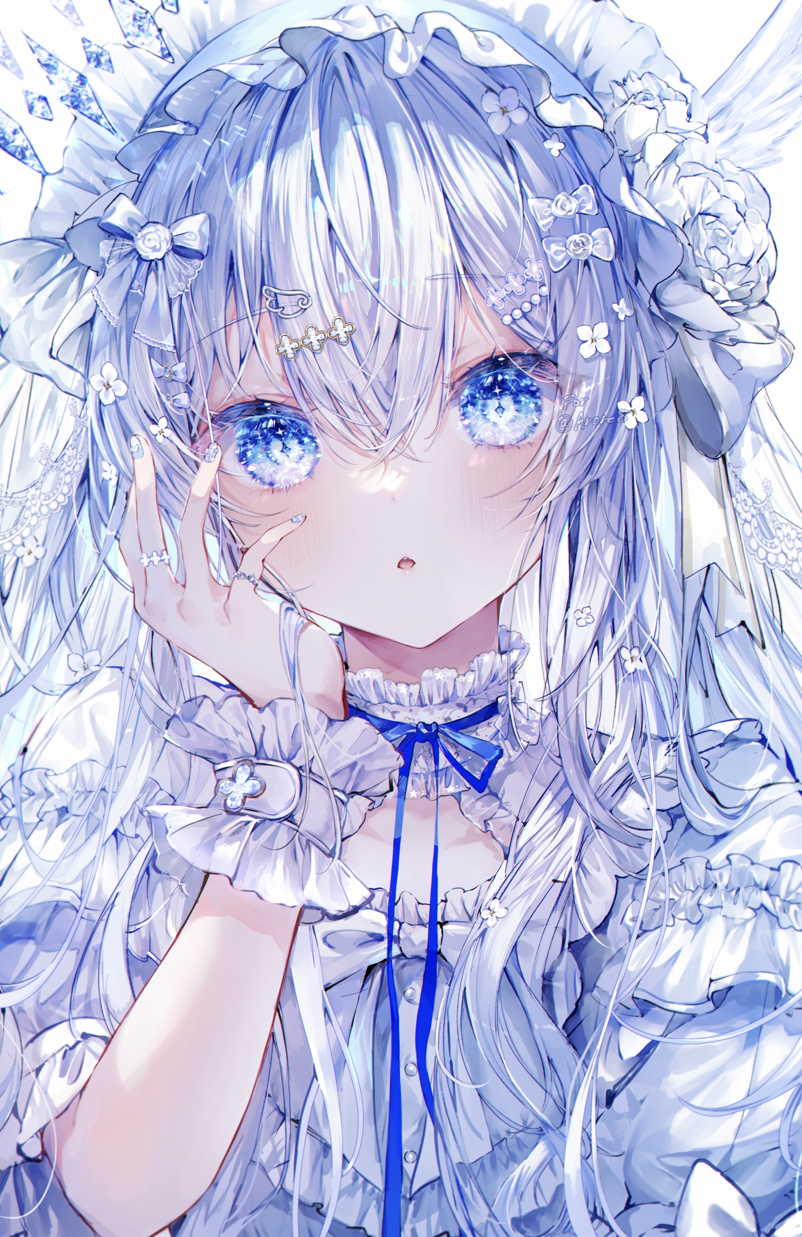 Anime 2653x4090 anime Pixiv anime girls portrait display long hair blue eyes dress blue hair looking at viewer hand on face flower in hair bow tie