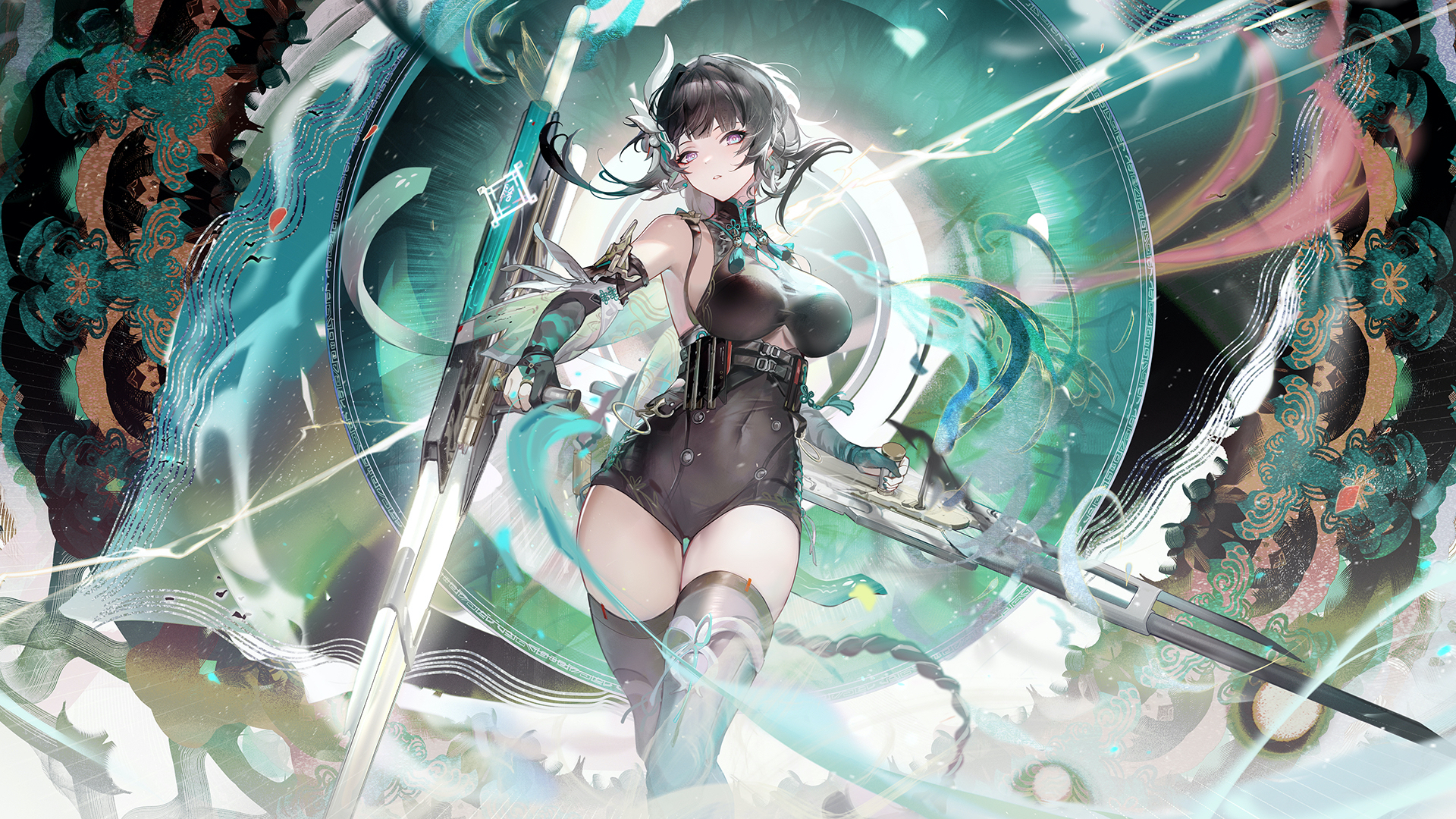 Anime 1920x1080 anime anime girls ying zhao (aether gazer) Aether Gazer long hair looking at viewer big boobs the gap bare shoulders weapon parted lips video game characters video game girls earring multi-colored eyes thighs detached sleeves Tonfa turtlenecks elbow gloves hair ornament gloves dual wield leotard