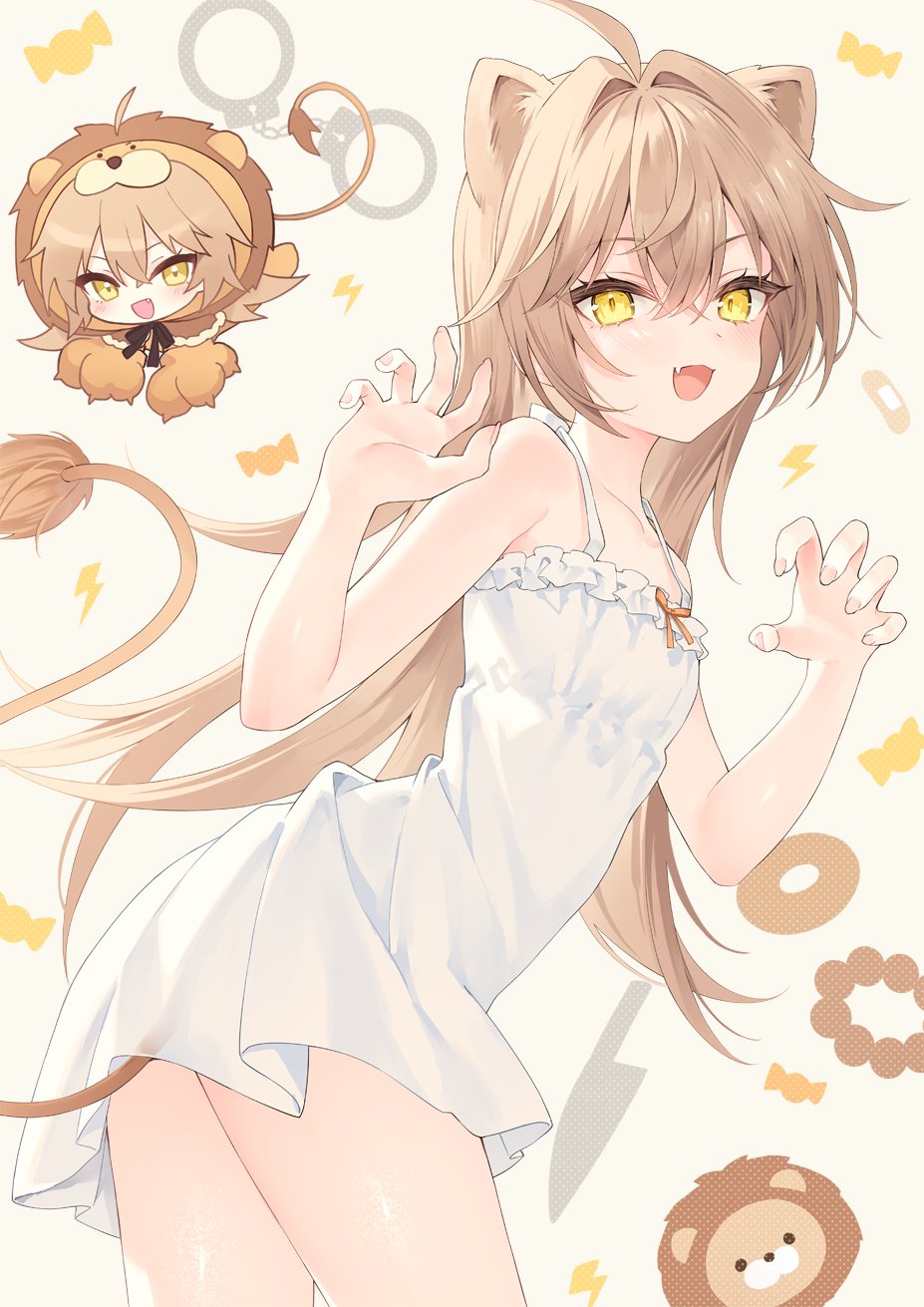 Anime 927x1311 anime anime girls Rurudo open mouth portrait display long hair looking at viewer blushing dress tail thighs animal ears lion yellow eyes blonde handcuffs minimalism outfits simple background